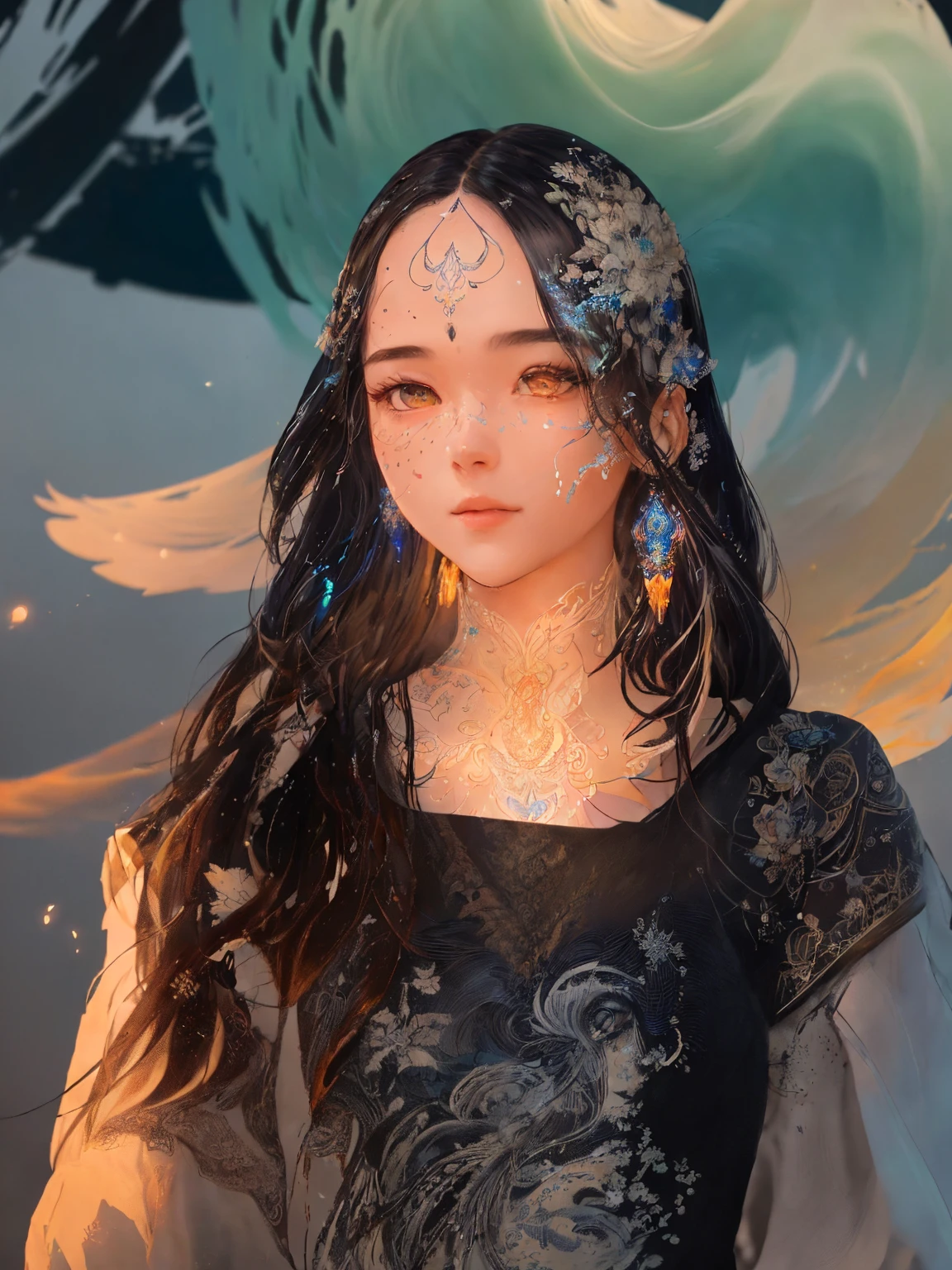 Capture the spirit of wind with liquid ink unfreezing into a whirlwind of pointilism, traversing a spectrum of multiple random colors, 4k concept art, extreme detail, intricate, luminescent glowing canvas, motion, dynamic, sharp glossy focus, create a perfect female face with intricate detail, ornate, best quality, masterpiece