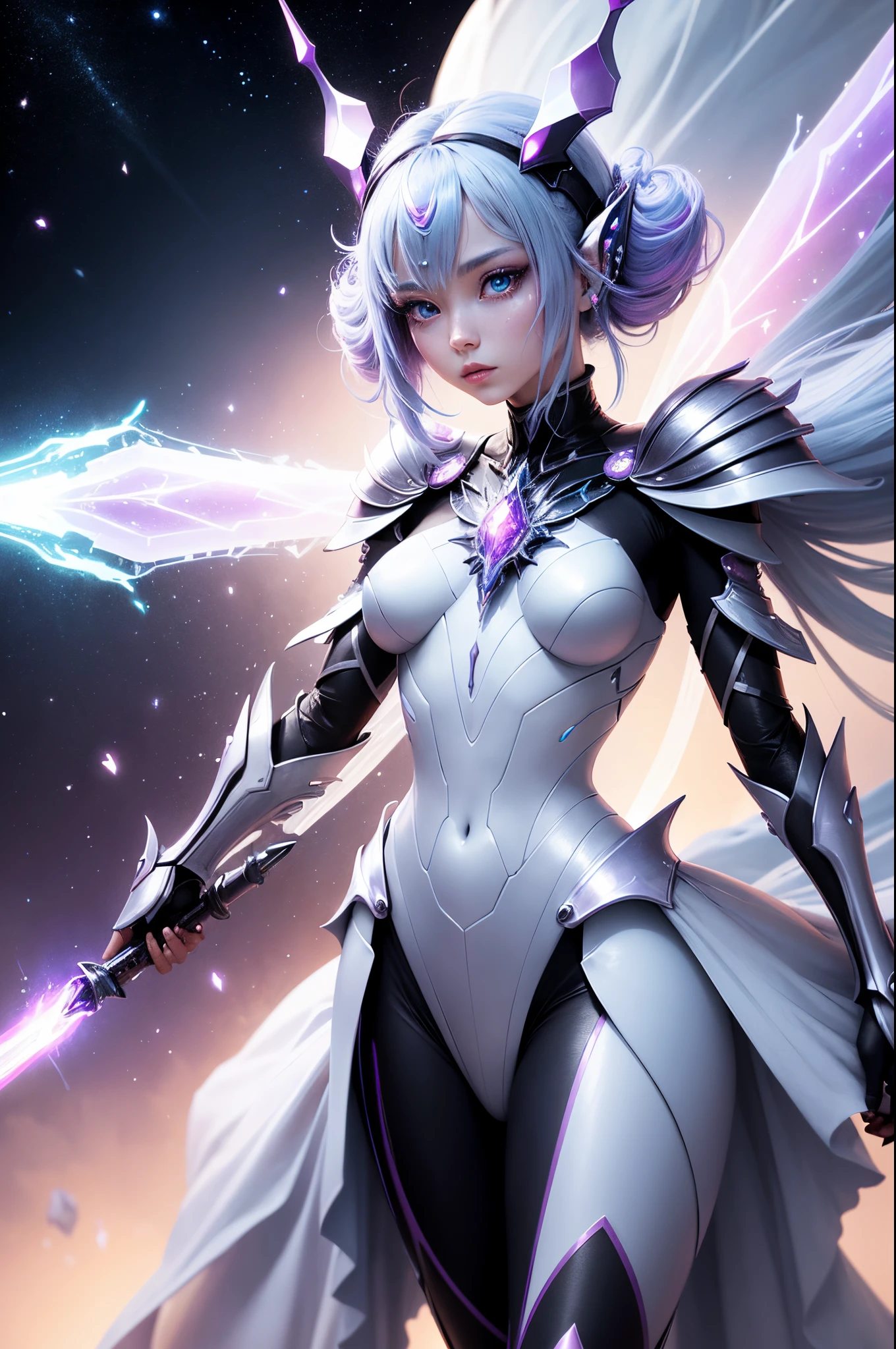 An ethereal alien ant girl warrior gracefully emerges from a nebulous mist, her crystalline armor reflecting the soft, multicolored hues of the cosmic background. A surreal fusion of insect and humanoid features, she wields a radiant energy blade, ready to defend her otherworldly realm.