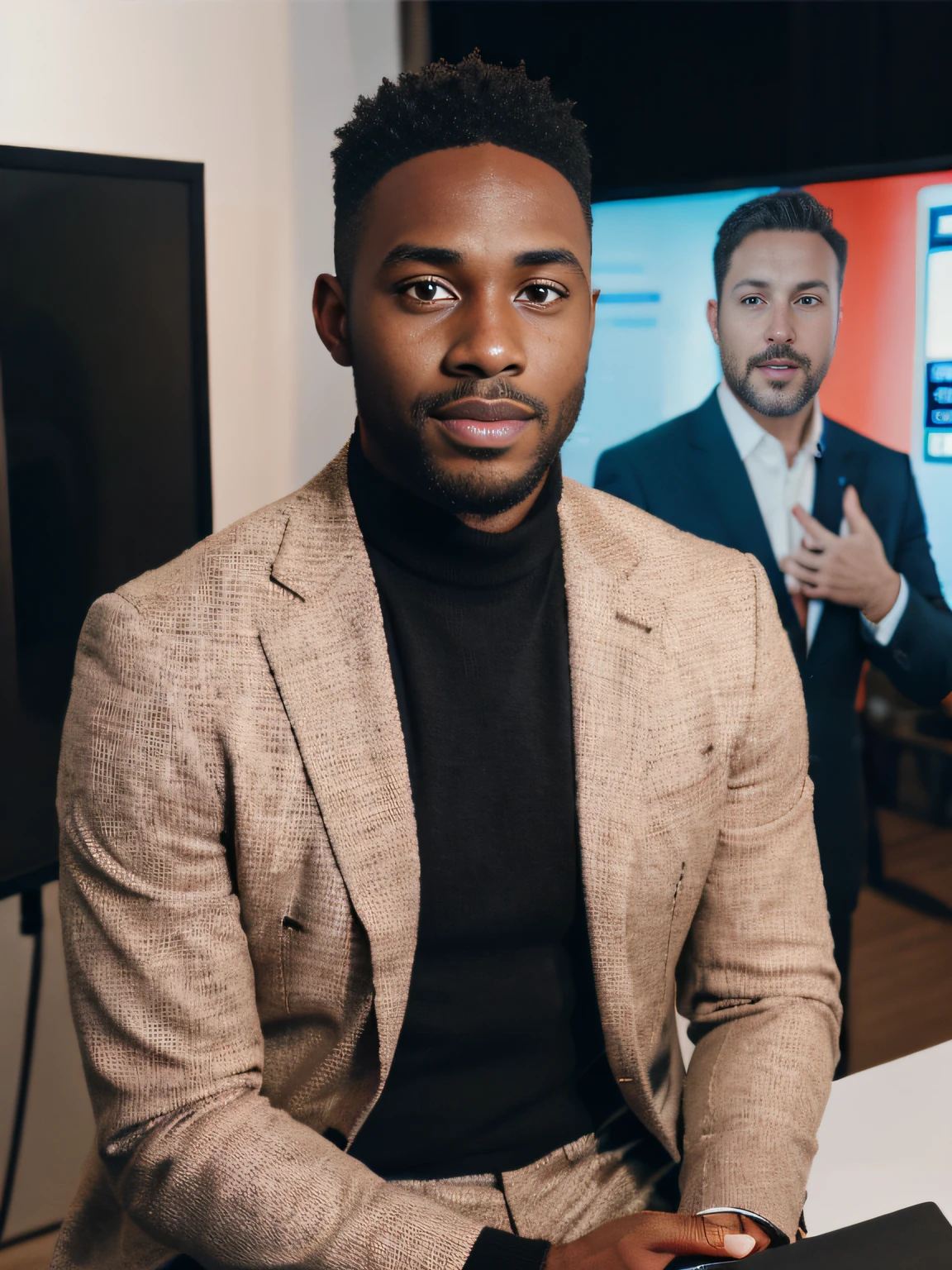 Realistic, (masterpiece, best_quality:1.1),symmetric portrait, looking at camera,1 black man, 30-years-old,young,zegna, Drop+7, Double vents, Notch lapels, Flap pockets, 2-button closure, Fully lined, Deconstructed, 100%+Wool, tan suit, wearing a undercloth and tie, oxford knot, A professional black male news presenter, making engaging eye contact with the viewers, The studio background is sleek and modern, sitting behind broadcaster anchor desk, with news graphics displayed on the screens in the background,ensure clarity and detail,hyperdetailed, photorealistic,
