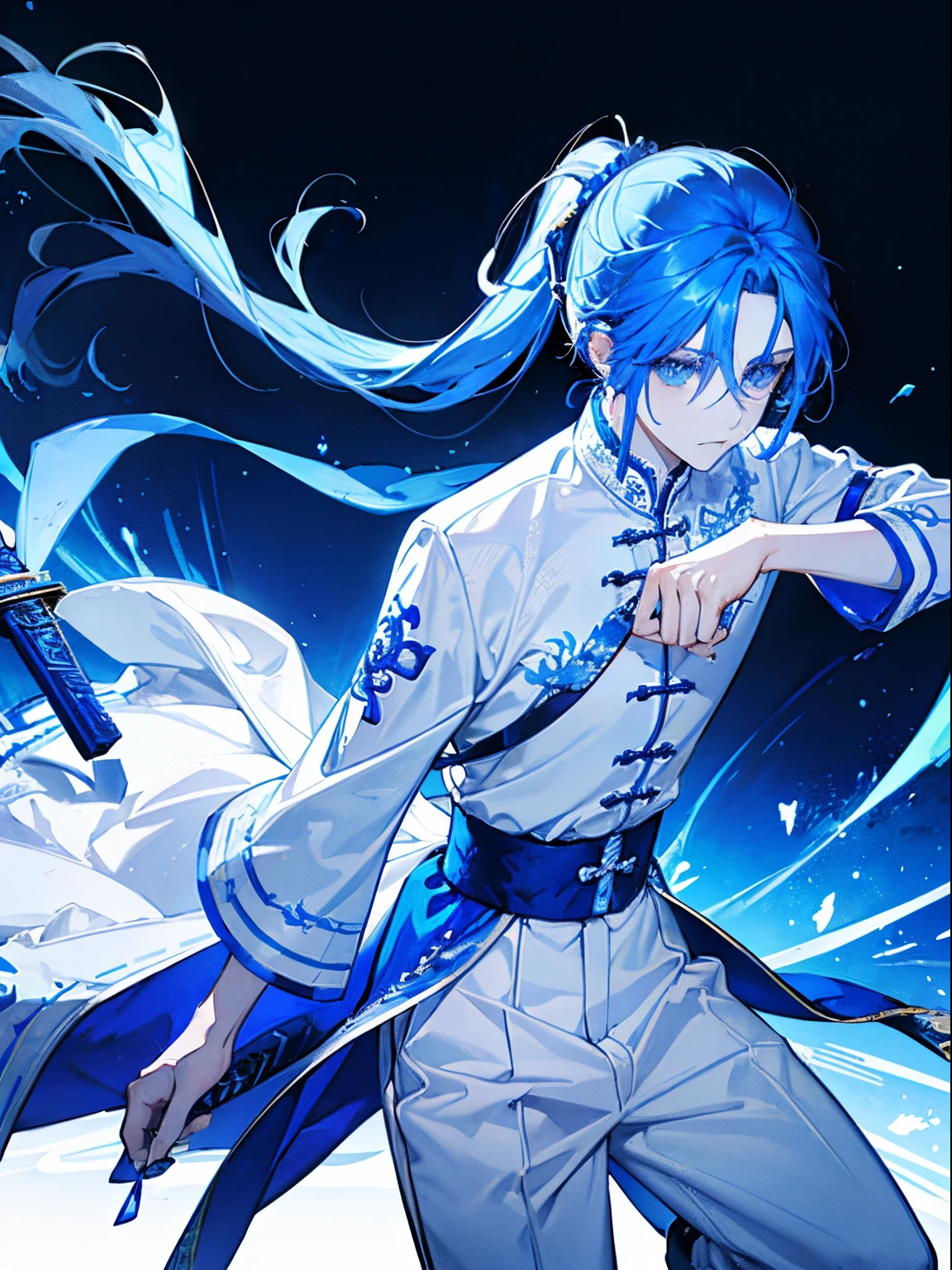 Male ager、Blue-haired、long pony tail、White china clothes、White pants、Holds a dark blue sword、jumpping、Bright and bullish look、blue dragon in the background