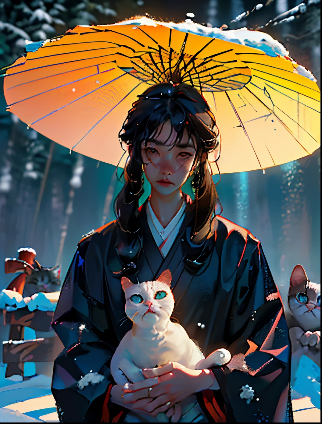 ((drama cat samurai))(japanes)(Kazuki Kitamura)(A dark-haired)独奏、frontage、(The upper part of the body)
Japanese clothes dark blue(Tsumugi Oshima)A cool old man who wears(assassin face)(Kimono is dark blue)((holding a white cat in one hand))、cold rain in winter、Expressing sadness with a frontal hairstyle。(Samurai Hair)Sword at the waist、
Ibushi Gin's world of men。monotone、No beard with falling snow、
(top-quality)), ((masterpiece)), (ighly detailed:1.3) Pale, A thin man who resembles Count D. (scary pet shop) If it's long, perfect hand, Very delicate face
