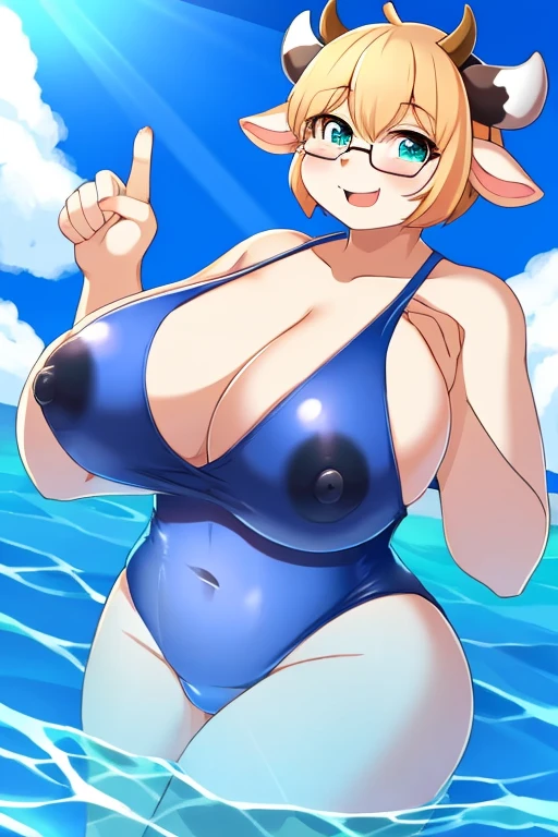 furry women, one-piece swimsuit,cow, swimming, glasses, huge breats, cute, nipple