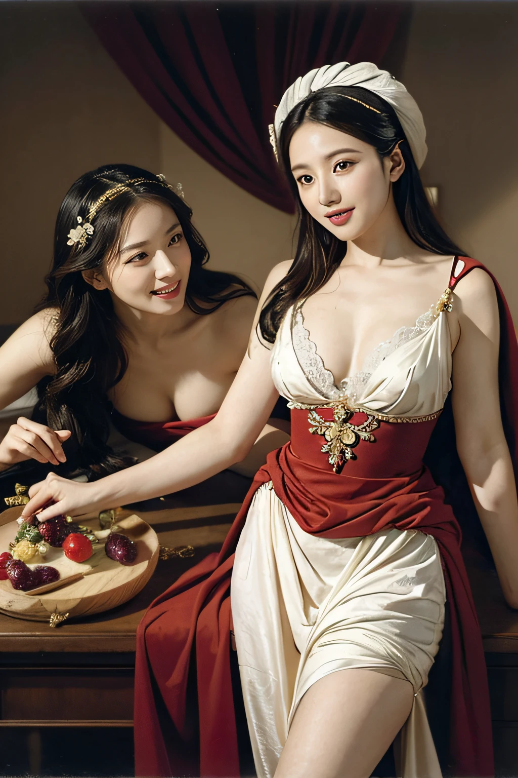 fruits,Grapes,Rosa,antique,A smile,,Sweet and seductive appearance.、Caravaggio's paintings、Chiaroscuro of Caravaggio,Two women frolicking,Cute smile, Expression of ecstasy,Geometry,stain glass,12 zodiac signs,Vigée Leblanc style,Math、Astronomical utensils,astronault,Roses in a vase,fruits,cute little,A smile,Ancient Greek costumes,Paintings by Sandro Botticelli,Costume with stretched shoulders,huge smile,large full breasts,Ecstasy expression,A sexy