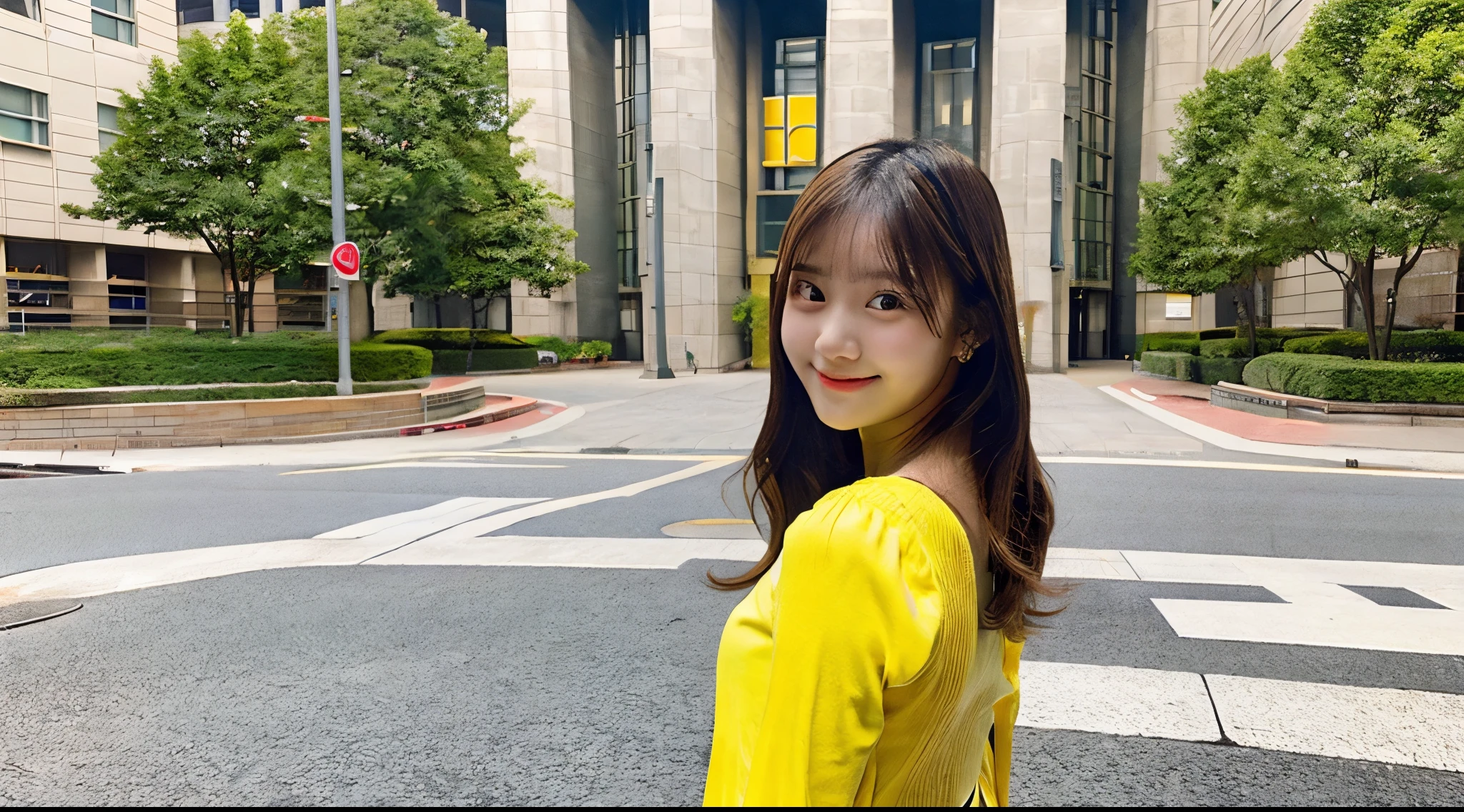 Cute female college student, 18 years old, wearing a yellow miniskirt