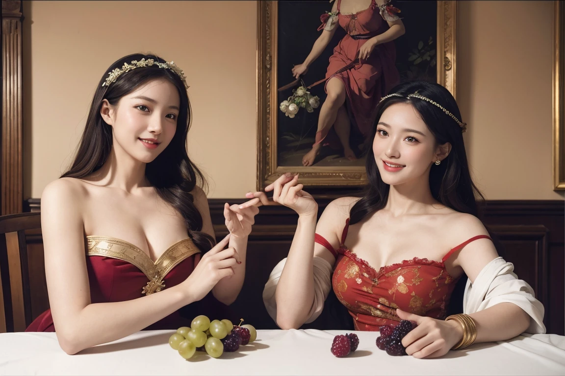 fruits,Grapes,Rosa,antique,A smile,,Sweet and seductive appearance.、Caravaggio's paintings、Chiaroscuro of Caravaggio,Two women frolicking,Cute smile, Expression of ecstasy,Geometry,stain glass,12 zodiac signs,Vigée Leblanc style,Math、Astronomical utensils,astronault,Roses in a vase,fruits,cute little,A smile,Ancient Greek costumes,Paintings by Sandro Botticelli,Costume with stretched shoulders,huge smile,large full breasts,Ecstasy expression,A sexy