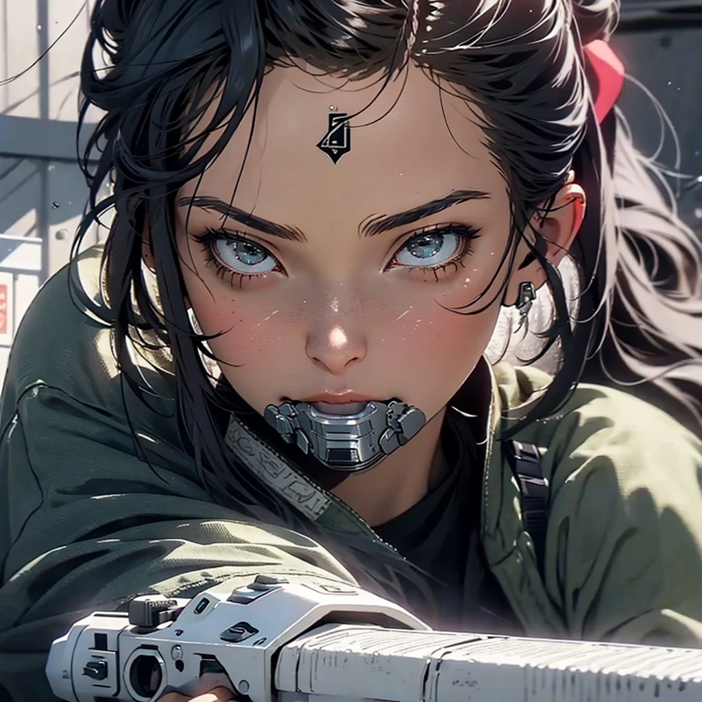 A sexy noun, walking with a rifle in her hands, she looks mad; view from below; high definition, unreal engine