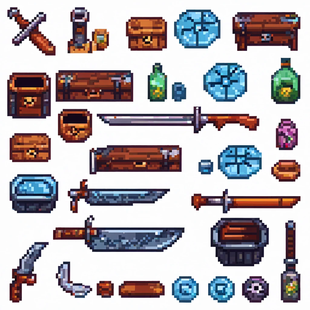 tile set weapons for pirate game, stardew valley styled transparent background