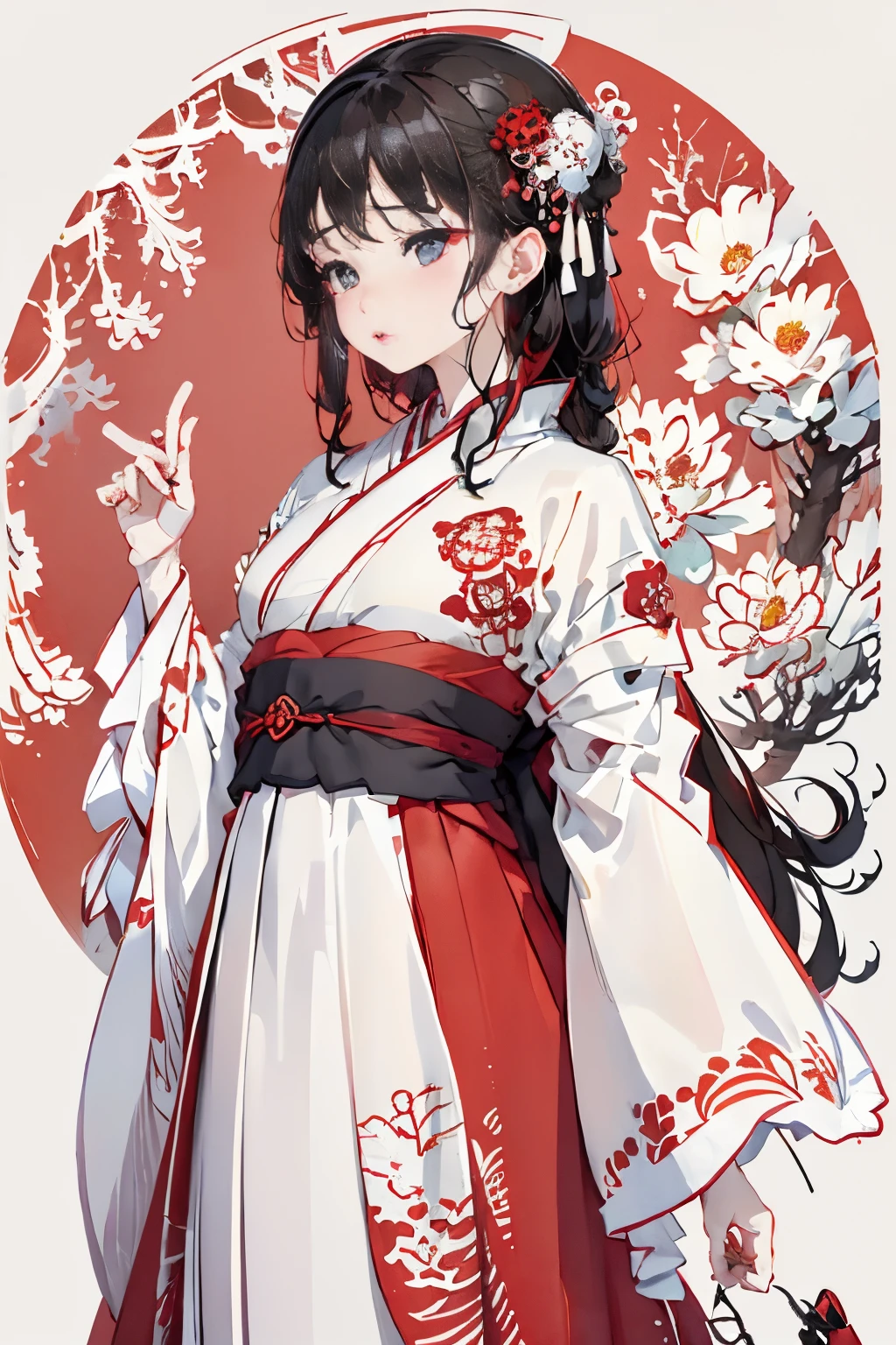 (((white backgrounid、a white world)))、unity 8k wall paper、ultra-detailliert、Beautifully Aesthetic、​masterpiece、top-quality、(Zentangle、a Mandala、Tangles、Tangles)、(Fractal Art:1.3)、One girl、Beautiful black hair、japanes、large pink、Red kimono、Japanese dress、ighly detailed、Dynamic angles、Cowboy Shots、The most beautiful forms chaos、elegent、Brutalist design、Vibrant colors、romantism、Atmosphere、ecstasy musical notes、Streaming music notes are visible、(((white backgrounid、Pure white background、Red circle)))