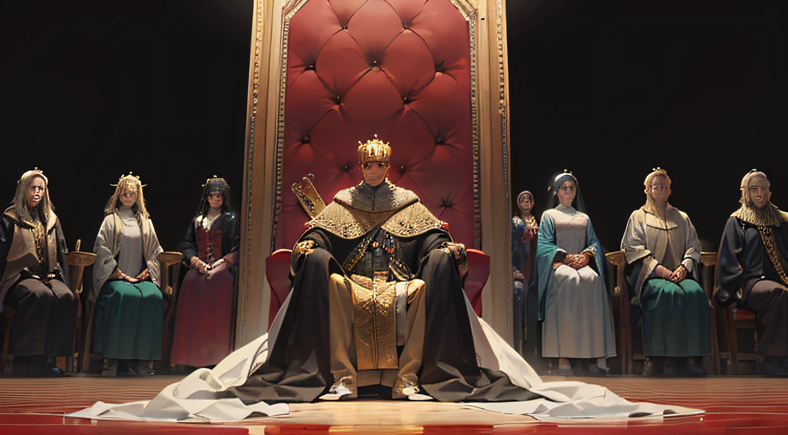 King (sitting on a throne), throne (in the center of the image), people (15 on each side, all kneeling towards the king)