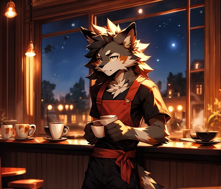 anthro, male, Australian shepherd, wearing baggy pants and black t-shirt+, cafe hotel, window view, serving coffee, green and red apron, by Zackary911, by Wizzkit, by anixs, detailed feminine male body, high quality, anatomically correct, detailed face, fluffy hair, detailed background, masterpiece, 4k hd, cg, cafe and rest, ((night)), moonlight through window, solo