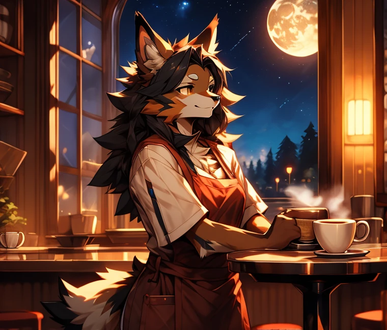 anthro, male, Australian shepherd, wearing baggy pants and black t-shirt+, cafe hotel, window view, serving coffee, green and red apron, by Zackary911, by Wizzkit, by anixs, detailed feminine male body, high quality, anatomically correct, detailed face, fluffy hair, detailed background, masterpiece, 4k hd, cg, cafe and rest, ((night)), moonlight through window, solo