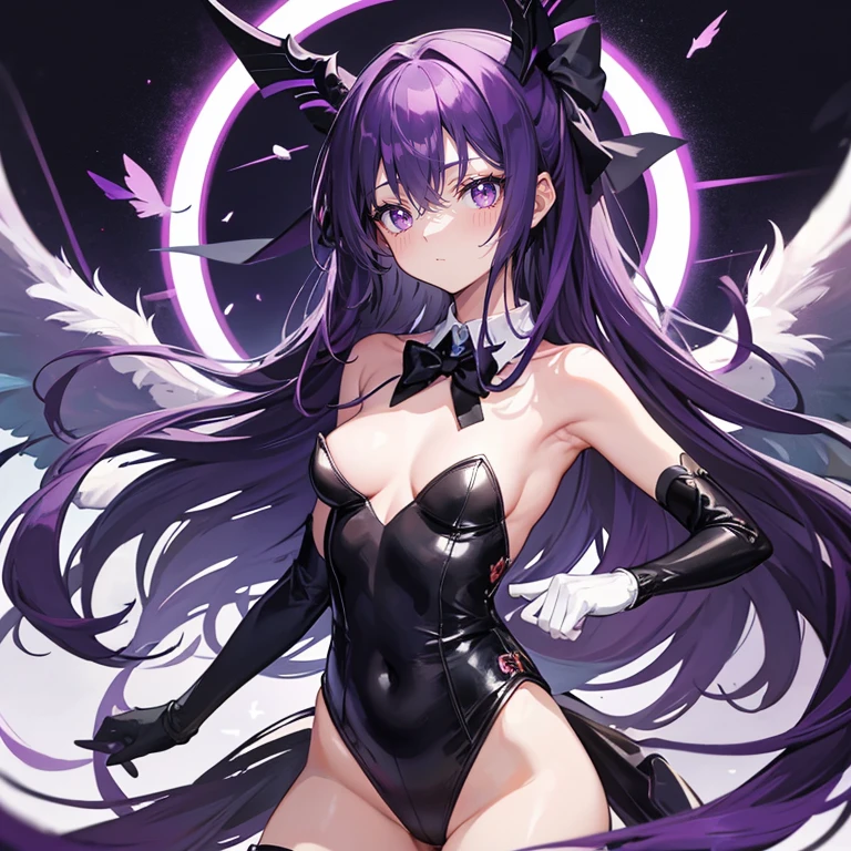 Best Quality, 1girl in, Solo, gloves, Very long hair, Long hair, Purple hair, Leotard, Wings, Looking at Viewer, Purple eyes, White Gloves, Twin-tailed, breasts, Small breasts, frilld, Thigh strap, Strapless, Bare shoulders, bow ribbon, Cowboy Shot, Hair Ribbon, symbol-shaped pupils, Armpits, Demon Wings, Bangs, hair between eye, Detached collar, highleg leotard, blush, a black ribbon