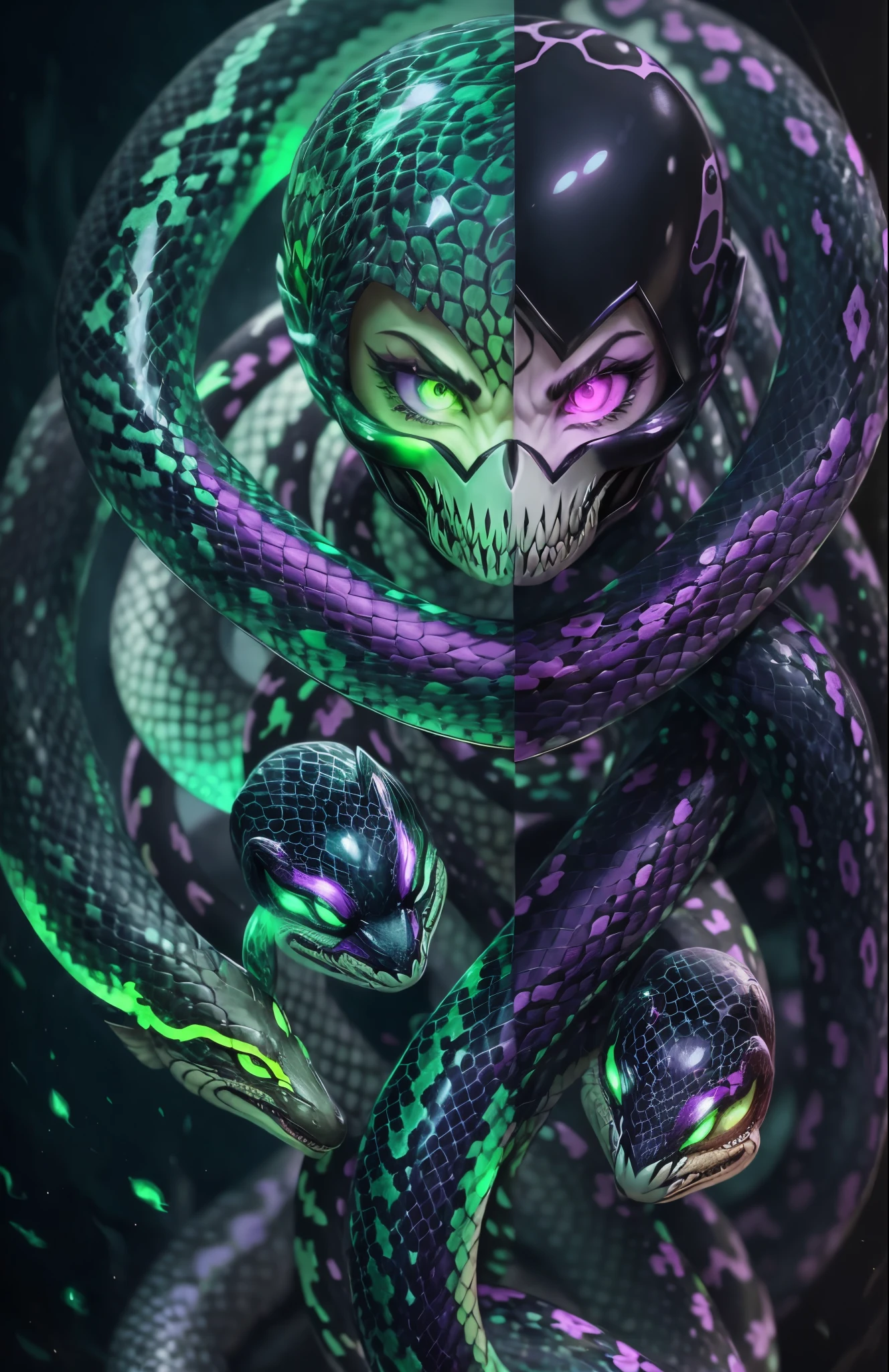 Snakes glowing green eyes, purple venom skin on fire --auto --s2