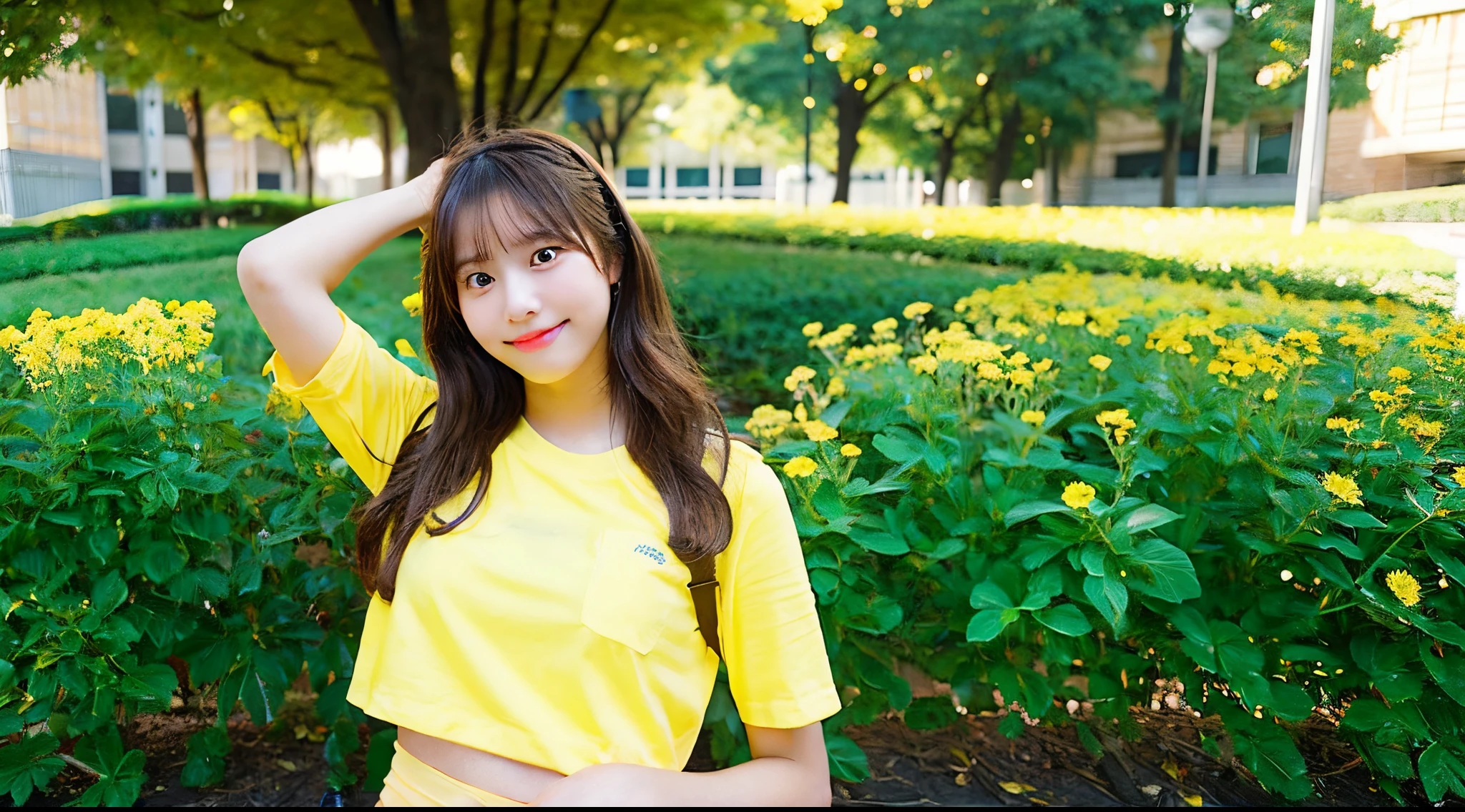 A cute girl standing on a balcony wearing a yellow school dress with a book in her arms, cute, evening sun shining on her, lookalike, look alike, realistic