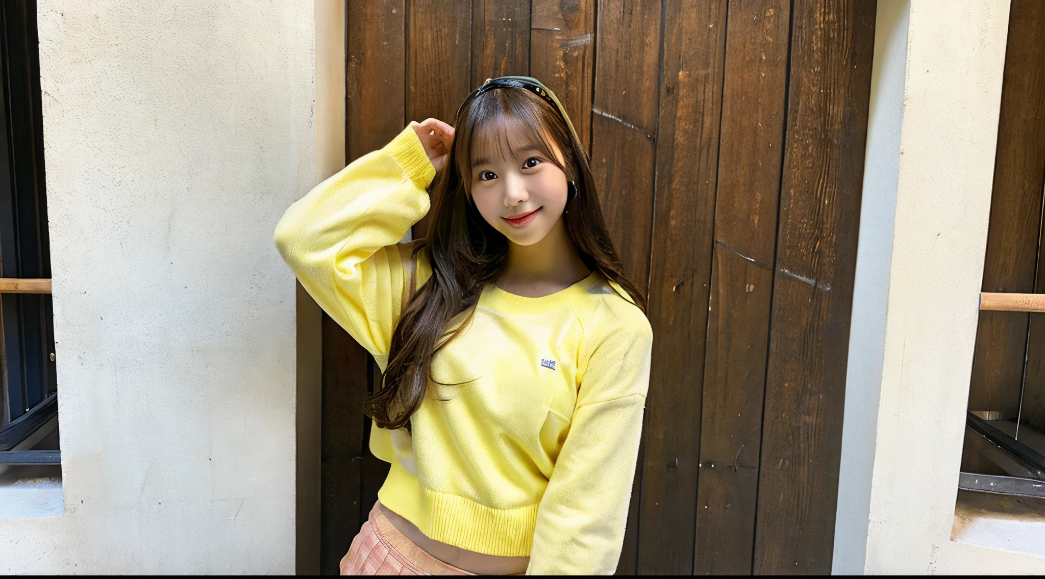 Cute female college student, 18 years old, wearing a yellow miniskirt