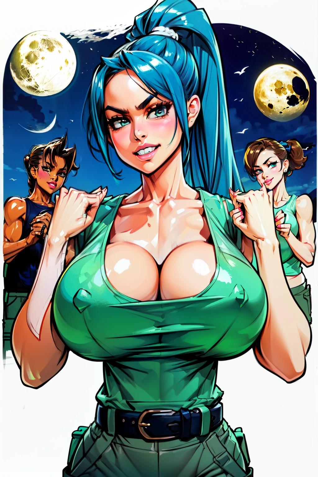 multiple Waifu, mothers gathered , smiling, milfs, masterpiece, curvy, breasts, moon, full moon, gloves, multiple girl, clenched teeth, cleavage, large breasts, teeth, aqua hair, brown hair, grey hair, ((white tank top:1.6)), blue eyes, rating:explicit,rule34, hardcore, tits,(( high ponytail:1.4)), clenched hands, night, sky, ((brown cargo pants:1.4)),(white skin:1.4), bare shoulders, blue hair, clenched hand, rating:questionable, (((multiple characters:1.5))), belt, solo, angry, lip biting(gigantic and massive tits:1.1), breasts, official illustration, illustration, detailed face, beautiful intricate eyes, curvy milf, 1:2), closeup, titsnipples