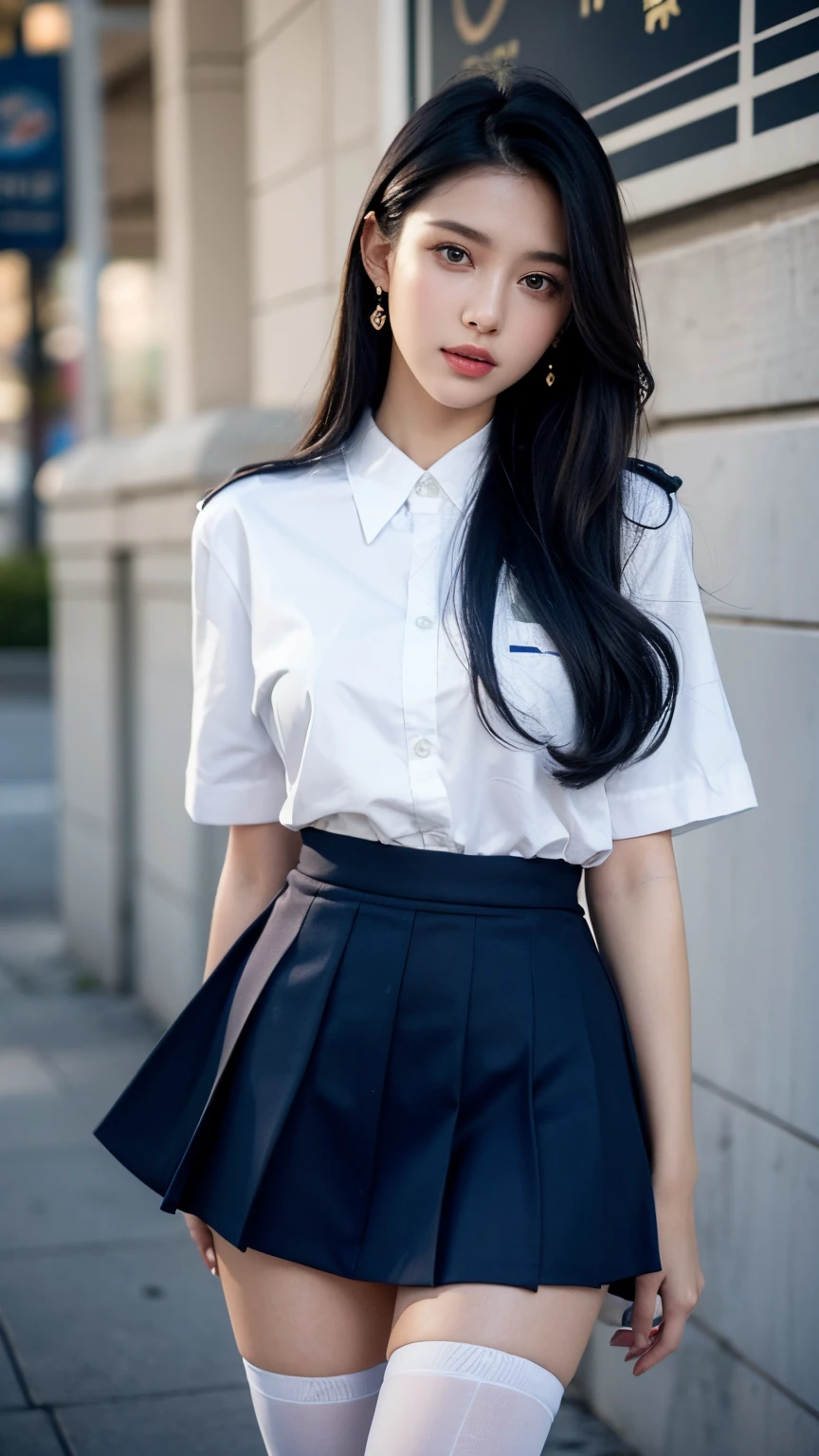 (best qualtiy,4K,tmasterpiece:1.2),Pretty women,1girll,Raised sexy:1.1,darkblue hair:1.1,Uniformed women,Drenched white uniform,Super Detailed Face,Detailed lips,A detailed eye,二重まぶた,Colorful mini skirt black stockings,stand up,full body Esbian