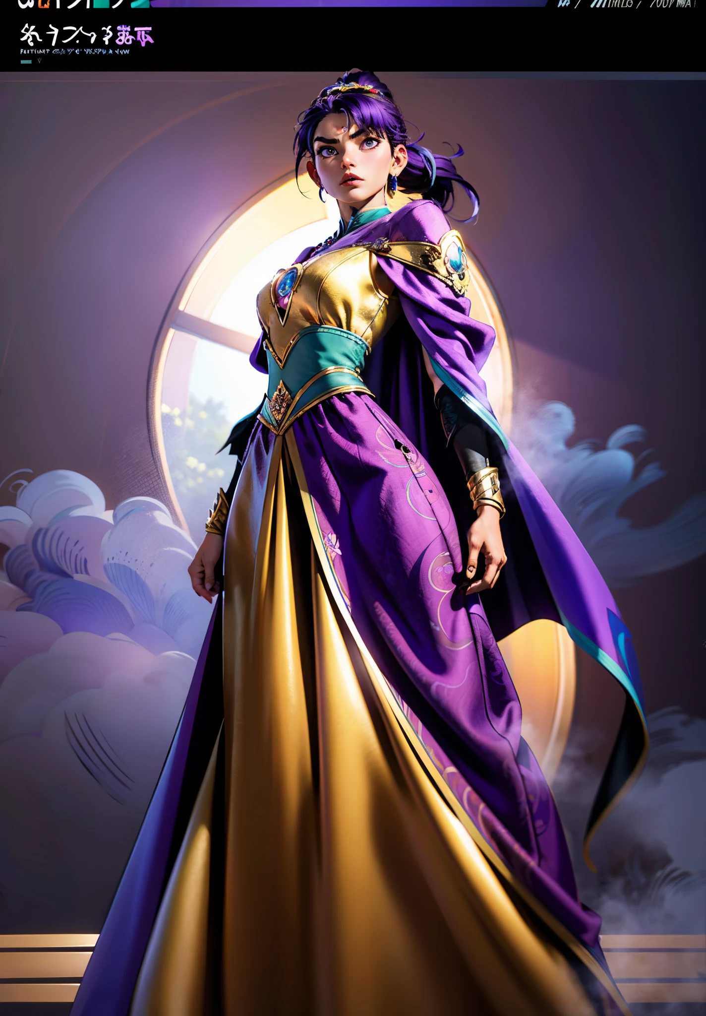 A beautiful young woman, long blue-purple hair, long bangs, ponytail, sharp gaze, a serious expression, a slender and athletic figure, a fantasy martial arts-style two-piece outfit, a fitted qipao-style long skirt, a blue-purple long cloak that almost covers her entire body, adorning her chest is an exquisite jade decorative brooch, purple mist swirls around her, a mysterious atmosphere, this character embodies a finely crafted fantasy martial arts-style female warrior in anime style, exquisite and mature manga art style, high definition, best quality, highres, ultra-detailed, ultra-fine painting, extremely delicate, professional, anatomically correct, symmetrical face, extremely detailed eyes and face, high quality eyes, creativity, RAW photo, UHD, 8k, Natural light, cinematic lighting, masterpiece-anatomy-perfect, masterpiece:1.5