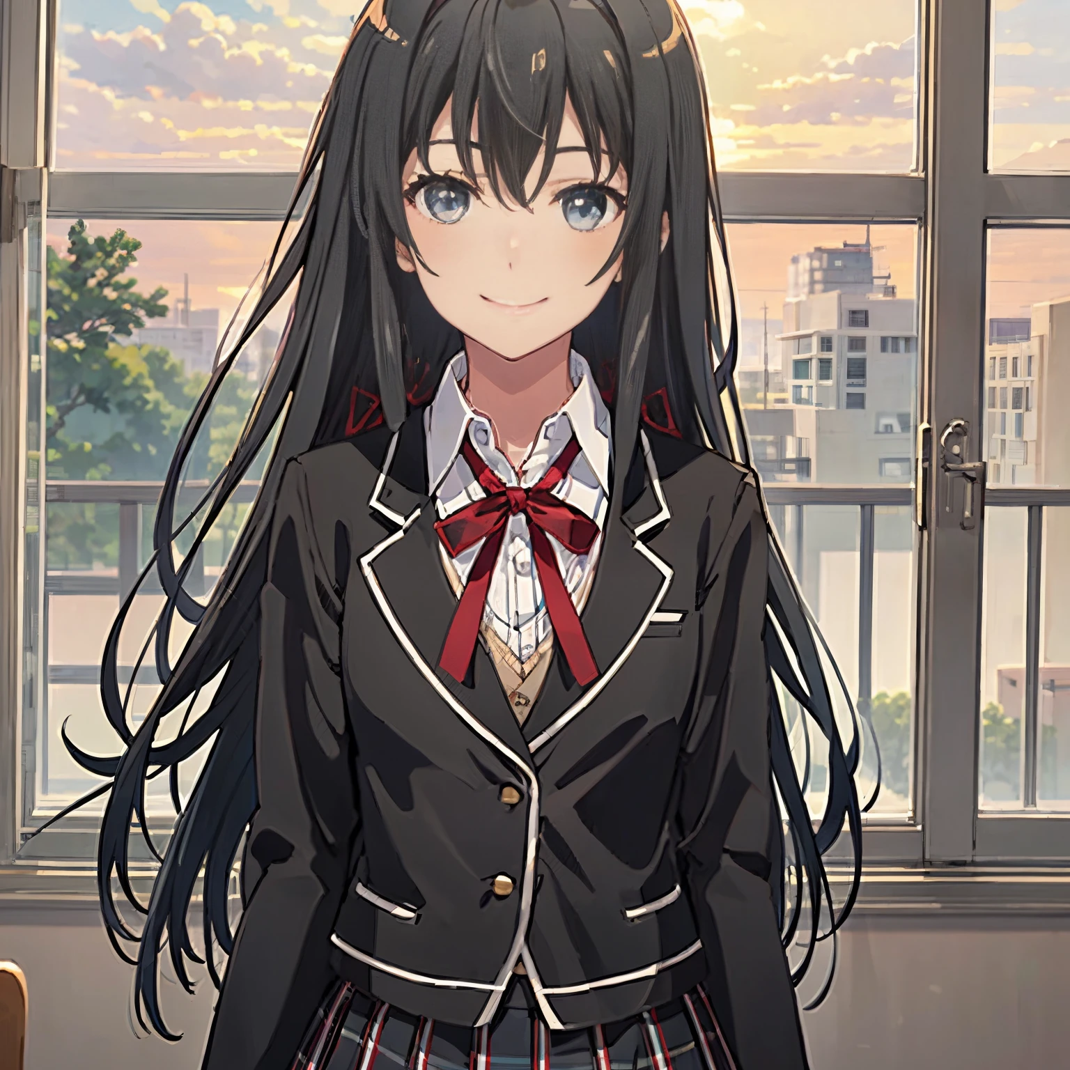 Yukinoshita yukino , 1girl in, red ribbon , smile , black hair, Checkered sash, long hair Hair, Hair Ribbon, school uniform , skirt plaied , Long hair, Looking at Viewer, black hair, , blue eyes, black jacket , hair between eyes ,, Solo, Upper body, ((masutepiece))、Beautiful girl