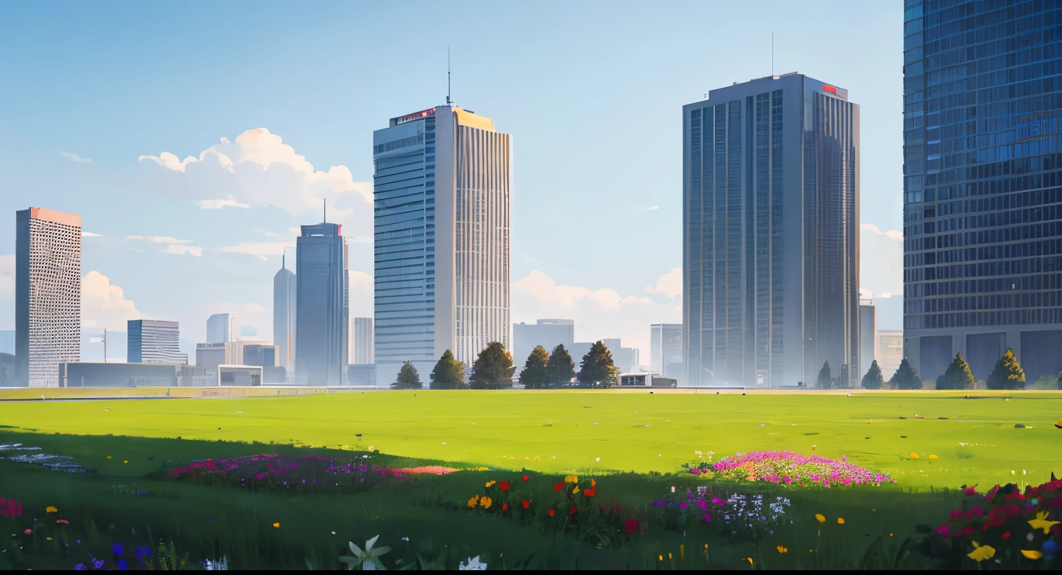 Meadow, large, wide angle, one tall concrete building, no one, far view