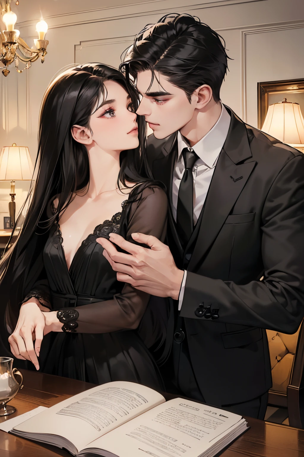 (masutepiece, Digital Art, Digital Illustration, 4K, 8K, Ultra-detailed, beautiful image, Sharp Image, Photorealistic, Raw photo, Perfect face, Perfect lines, Perfect eyes, Soft lighting) 1 woman, (Long Black Hair,straight haired,Bullish gaze,Beautie,Woman in suit,Solid makeup,23 y-o woman,small tits:1.3),Secretary, Two handsome men in suits, (ember,Men in suits,well-muscled,Firm shoulder width,Adult male,Boyish hairstyle,English gentlemanly style,Man in his 30s with a cool expression,28-year-old man with bright smile:1.2),Office scene at night,Antique furnishings,Antique Clamps,Antique chair,chandeliers,Parti、a couple、couple kissing、kiss、the kiss、Romance、