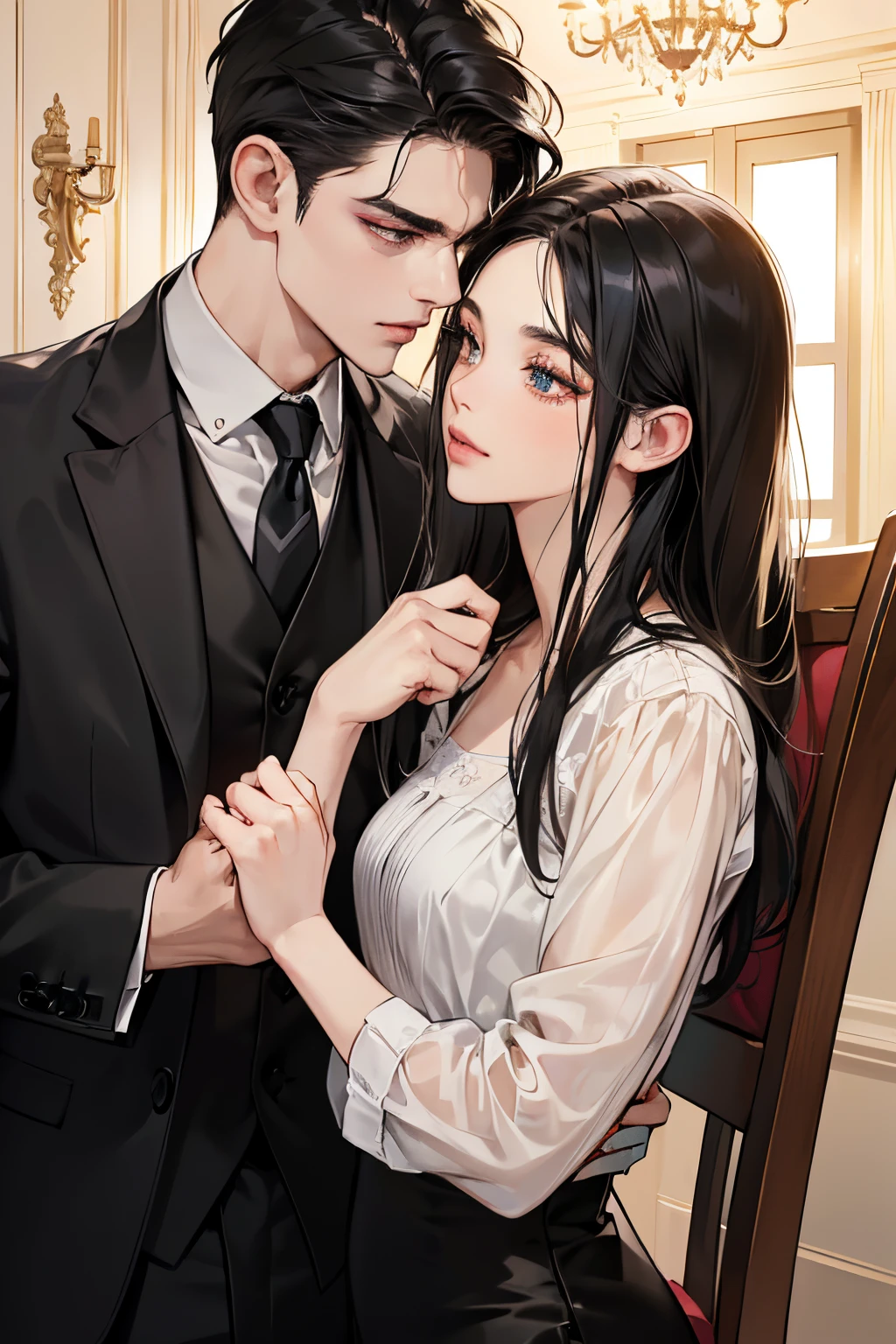 (masutepiece, Digital Art, Digital Illustration, 4K, 8K, Ultra-detailed, beautiful image, Sharp Image, Photorealistic, Raw photo, Perfect face, Perfect lines, Perfect eyes, Soft lighting) 1 woman, (Long Black Hair,straight haired,Bullish gaze,Beautie,Woman in suit,Solid makeup,23 y-o woman,small tits:1.3),Secretary, Two handsome men in suits, (ember,Men in suits,well-muscled,Firm shoulder width,Adult male,Boyish hairstyle,English gentlemanly style,Man in his 30s with a cool expression,28-year-old man with bright smile:1.2),Office scene at night,Antique furnishings,Antique Clamps,Antique chair,chandeliers,Parti、a couple、couple kissing、kiss、the kiss、Romance、
