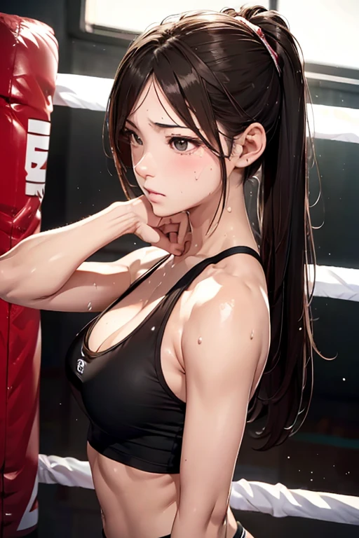 (8K), (Best Quality), (masutepiece: 1.2) Sexy female boxer punches straight (Side view) Painful face Sweat on the forehead