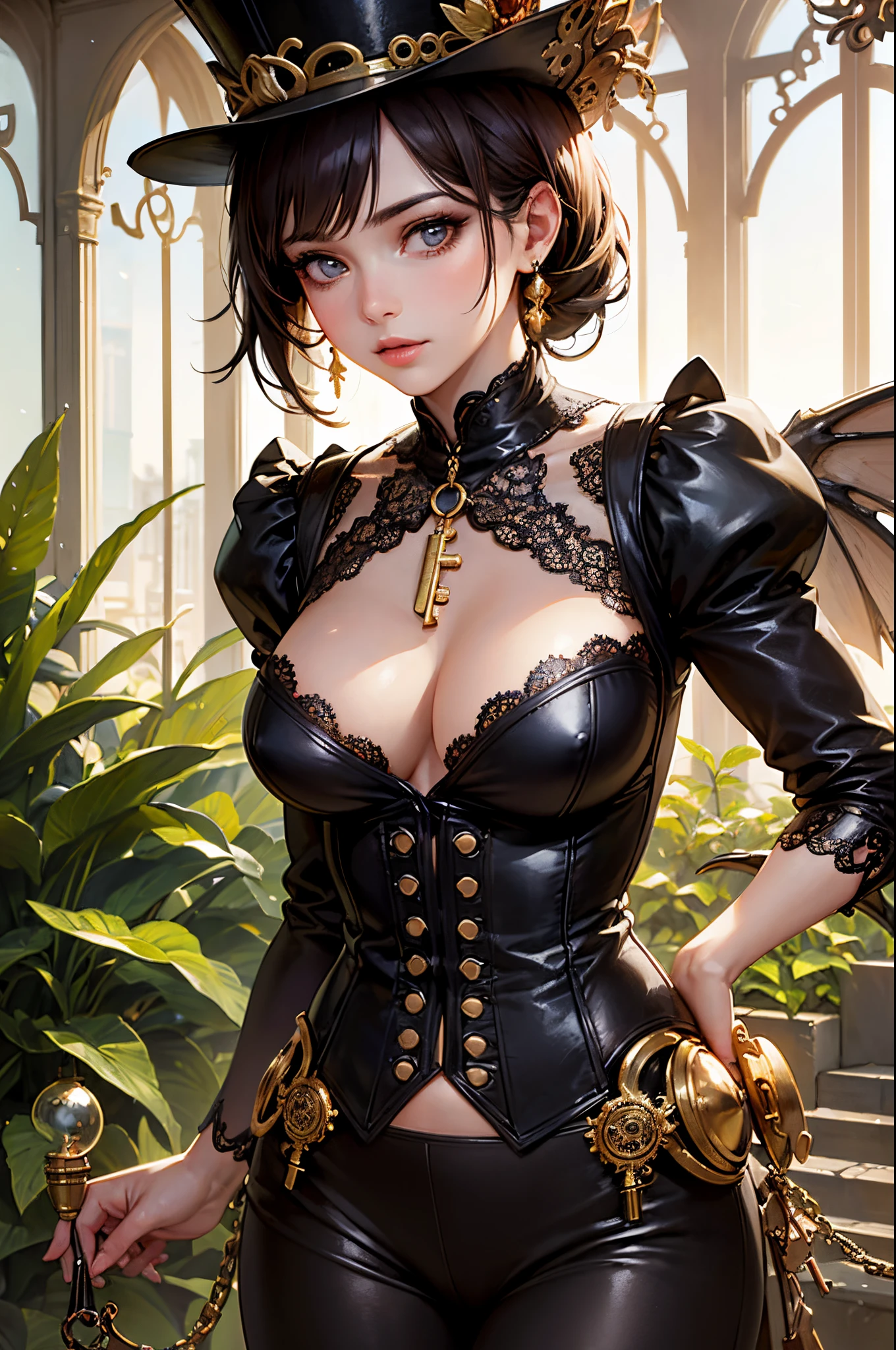 (best quality,4k,8k,highres,masterpiece:1.2),ultra-detailed,(realistic,photorealistic,photo-realistic:1.37),steampunk,beautiful detailed eyes,beautiful detailed lips,extremely detailed eyes and face,long eyelashes,1girl,intricate lace lingerie,retro style,ornate corset,with leather accents,antique brass buckles,dusty shades of gold,copper,and bronze,highlighting the intricate lace patterns,magical mechanical wings that unfold behind her,tarnished gears and cogs creating a mesmerizing effect,whimsical top hat adorned with feathers and gears,exquisite vintage jewelry,engraved pocket watch on a delicate chain,charming curled hair adorned with flowers,holding an old-fashioned key,standing in a lush,overgrown garden overgrown with wildflowers,steampunk-inspired machinery in the background emitting a soft,ethereal glow,creating an enchanting atmosphere