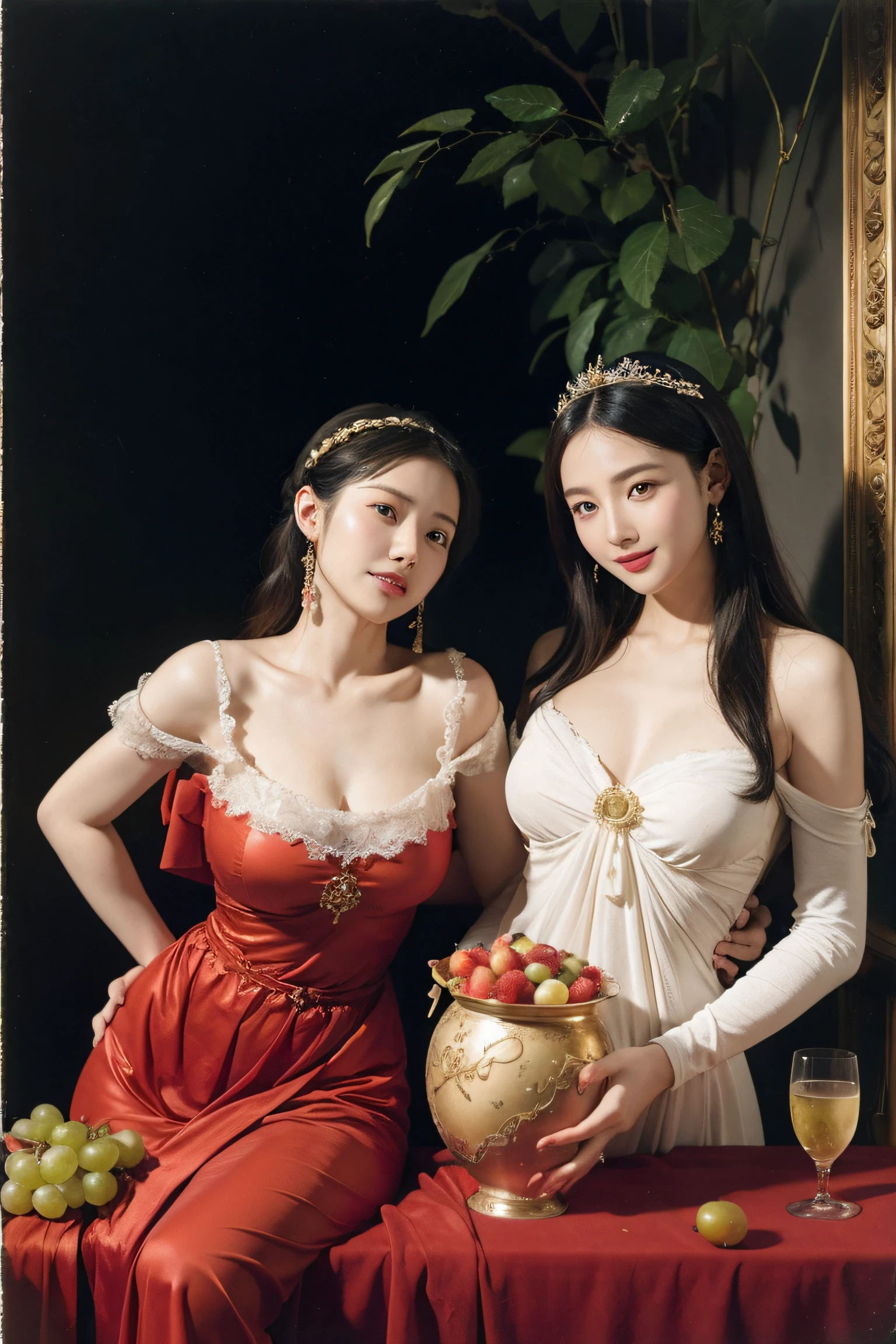 fruits,Grapes,Rosa,antique,A smile,,Sweet and seductive appearance.、Caravaggio's paintings、Chiaroscuro of Caravaggio,Two women frolicking,Cute smile, Expression of ecstasy,Geometry,stain glass,12 zodiac signs,Vigée Leblanc style,Math、Astronomical utensils,astronault,Roses in a vase,fruits,cute little,A smile,Ancient Greek costumes,Paintings by Sandro Botticelli,Costume with stretched shoulders,huge smile,large full breasts,Ecstasy expression,A sexy