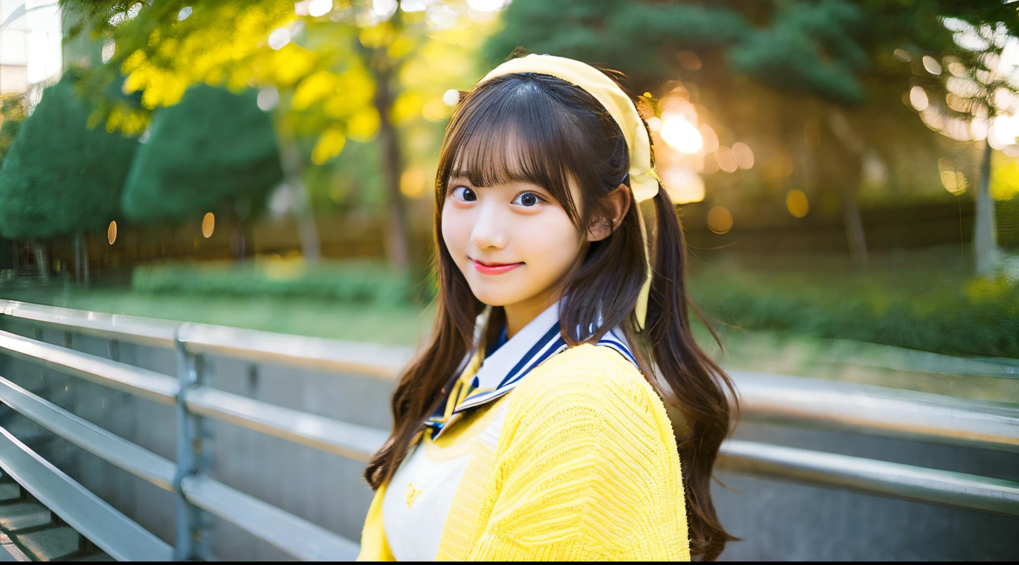 Cute high school girl 18 years old wearing a yellow miniskirt