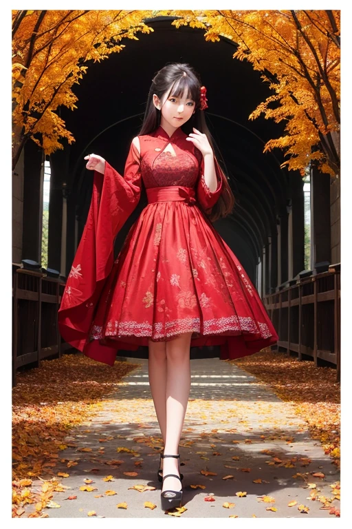 top-quality、超A high resolution、独奏、Princess of the land of autumn leaves、The capital of autumn leaves、Standing in a tunnel of illuminated red maple leaves、