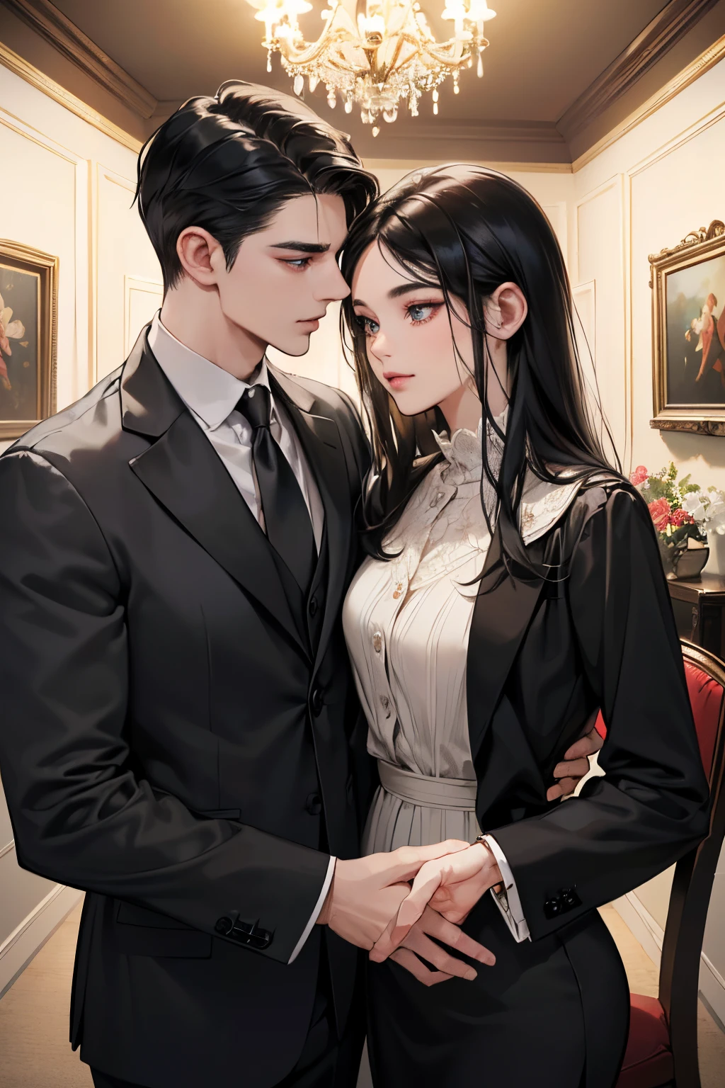 (masutepiece, Digital Art, Digital Illustration, 4K, 8K, Ultra-detailed, beautiful image, Sharp Image, Photorealistic, Raw photo, Perfect face, Perfect lines, Perfect eyes, Soft lighting) 1 woman, (Long Black Hair,straight haired,Bullish gaze,Beautie,Woman in suit,Solid makeup,23 y-o woman,small tits:1.3),Secretary, Two handsome men in suits, (ember,Men in suits,well-muscled,Firm shoulder width,Adult male,Boyish hairstyle,English gentlemanly style,Man in his 30s with a cool expression,28-year-old man with bright smile:1.2),Office scene at night,Antique furnishings,Antique Clamps,Antique chair,chandeliers,Parti、a couple、couple kissing、kiss、the kiss、Romance、