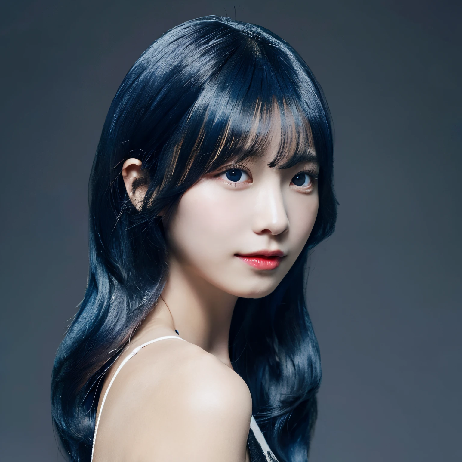 Human hair is black and light blue, hairstyle is wolf cut