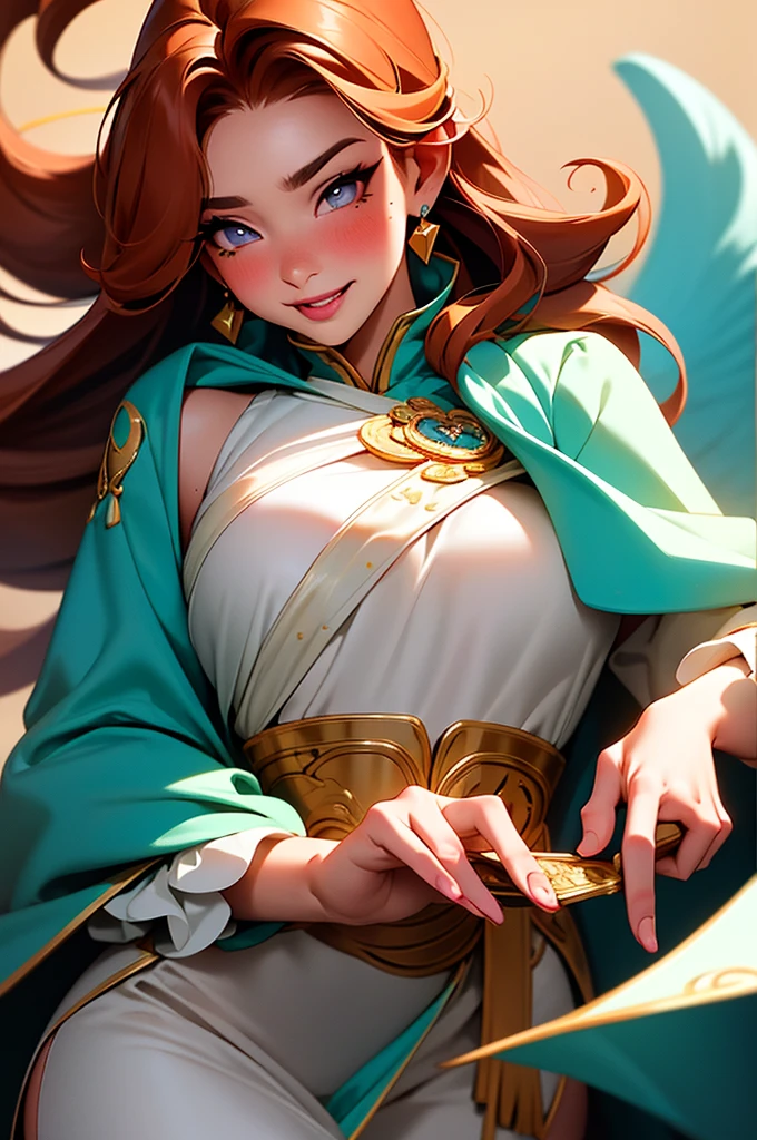 (Gorgeous robes.), A woman, noble, The beauty, Playful, Pure), red hair, curly hair, messy hair, long hair, mole under eye, heart-shaped pupils, half-closed eyes, sparkling eyes, heart earrings, parted lips, seductive smile, moaning, torogao, naughty face, full-face blush, anime, Romanticism, Genre painting, anime style, drop shadow, tachi-e, cowboy shot, Ultra-Wide Angle, wide shot, from above, from side, UHD, high details, super detail, textured skin, 4K