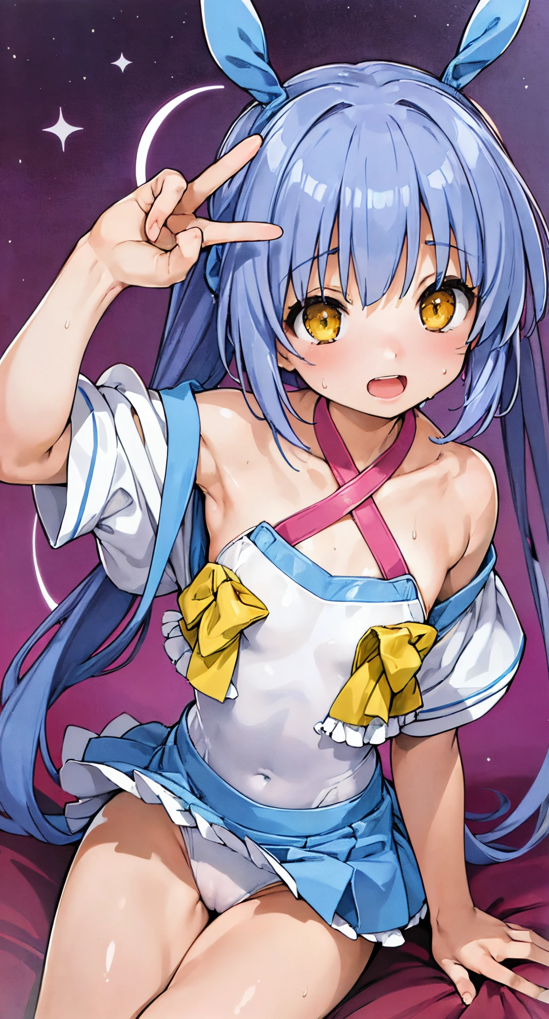 (Perfect body),Best Quality,(8K Portrait),(Official art)、((NSFW))、(((Lori)))、((Short stature))、((:D))、1girl in,(blush),(Sweat),(((flat chest)))、(thick thighs)、(big butts)、((Blue hair))、(Long hair)、(((Twin-tailed)))、Yellow Ribbon、((White and light blue leotard))、 ((Yellow frills))、(yellow eyes)、Hands behind the head、Armpits、(spreading legs)、Cowboy Shot、Electronic space、(There is a star-shaped stick on the right hand......)、(Peace sign with left hand in front of face)、dynamicposes