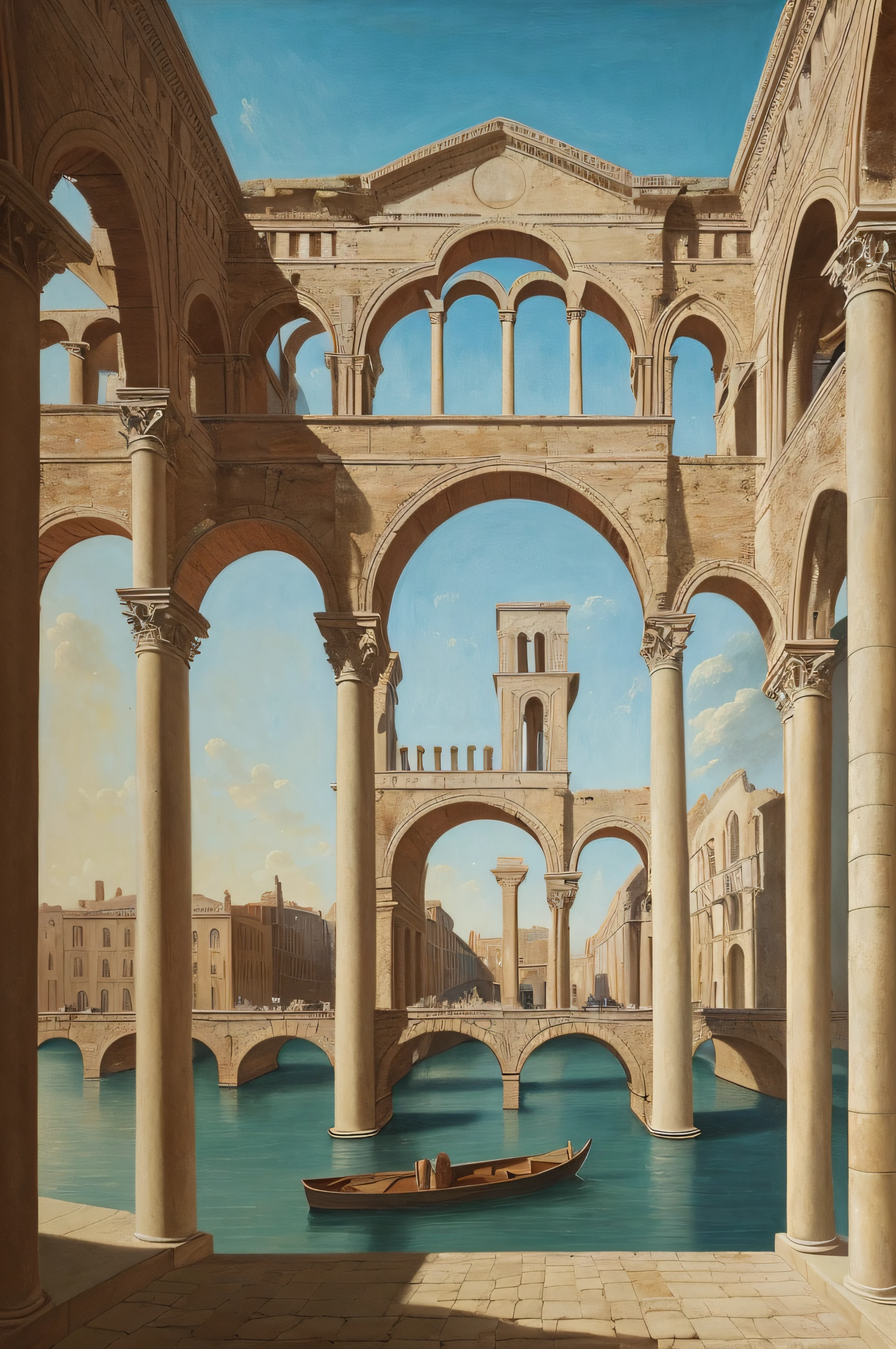 painting of a view of a city with a boat in the water, tall arches, surrealistic roman architecture, dry archways and spires, realistic painting of a complex, inspired by Ricardo Bofill, archs and columns, architectural painting, magic realism matte painting, inspired by Giovanni Bellini, inspired by David Ligare, a cathedral under an overpass, arches, inspired applies to Michiel Schrijver style, 8k res, masterpiece, award art