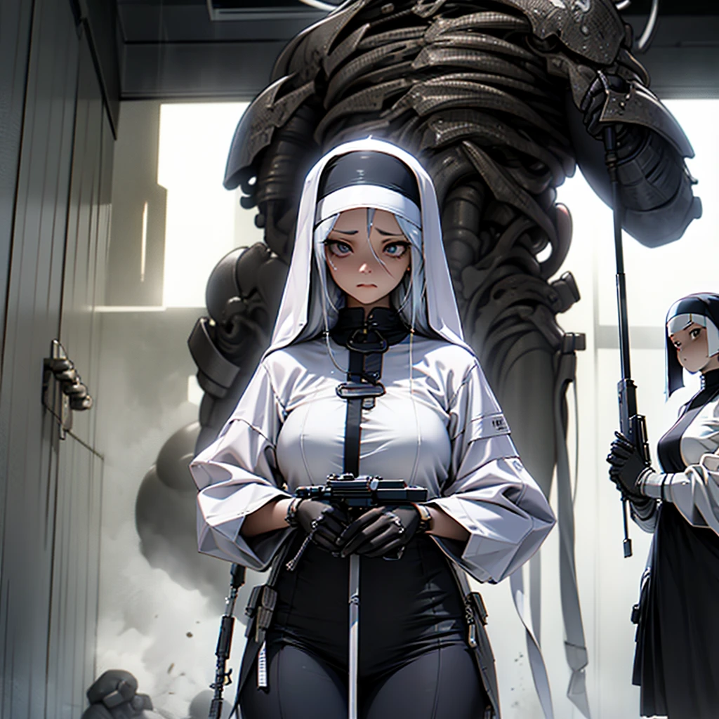 A group of 5 nuns, walking holding a rifle in her hands, she looks mad; view from below; high definition, unreal engine