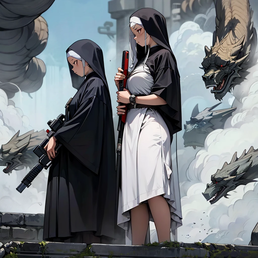 A group of 5 nuns, walking holding a rifle in her hands, she looks mad; view from below; high definition, unreal engine