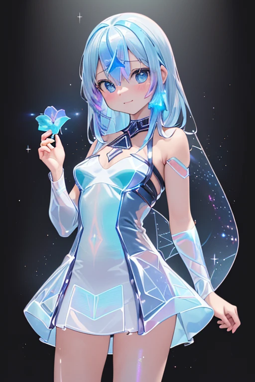 ((​masterpiece、top-quality:1.5、a high chroma:1.5、ultra-detailliert、high-resolution illustrations:1.5、Ultra-high-definition CG、8k size wallpaper、offcial art))、,(cute face:1.5)、(clear face:1.3),((chromatic abberation))
 ())、(Transparent colored PVC Design dress :1.5),((prisma, Holographic:1.5)),(prisma, Holographic),(Standing:1.5), (small breasts:1.3)、
,(positive:1.5),(cowboy shot:1.5)、(The background is a double helix structure of flowers and galaxies.:1.5)、girl with,  masutepiece,