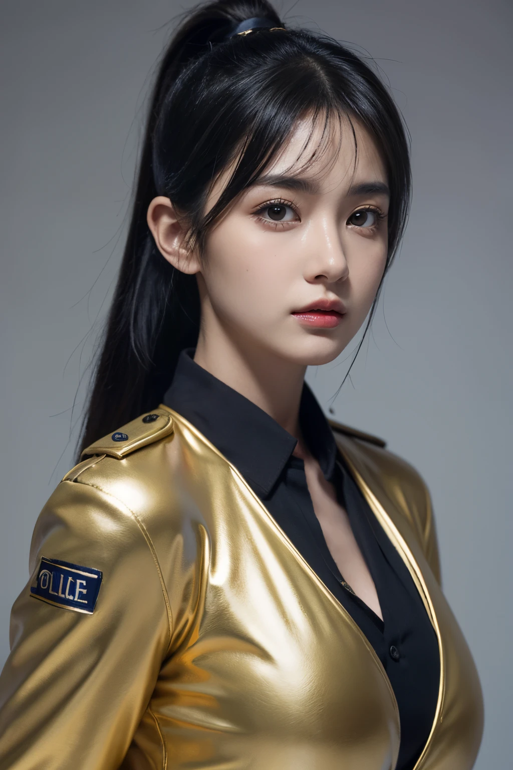 tmasterpiece,Best quality at best,A high resolution,8K,(portrait),(Close up of avatar),digital photography,(girl in police uniform),16yo girl,Long ponytail hairstyle,By bangs,(Black hair),(Red eyes),elegant and charming,cleavage,A plump chest,badges,The combination of armor and cloth,Gold clothing pattern,Complex accessories,Keep your mouth shut,Calm and serious,(police officers),Photo pose,Realistic,gray world background,oc render reflection texture