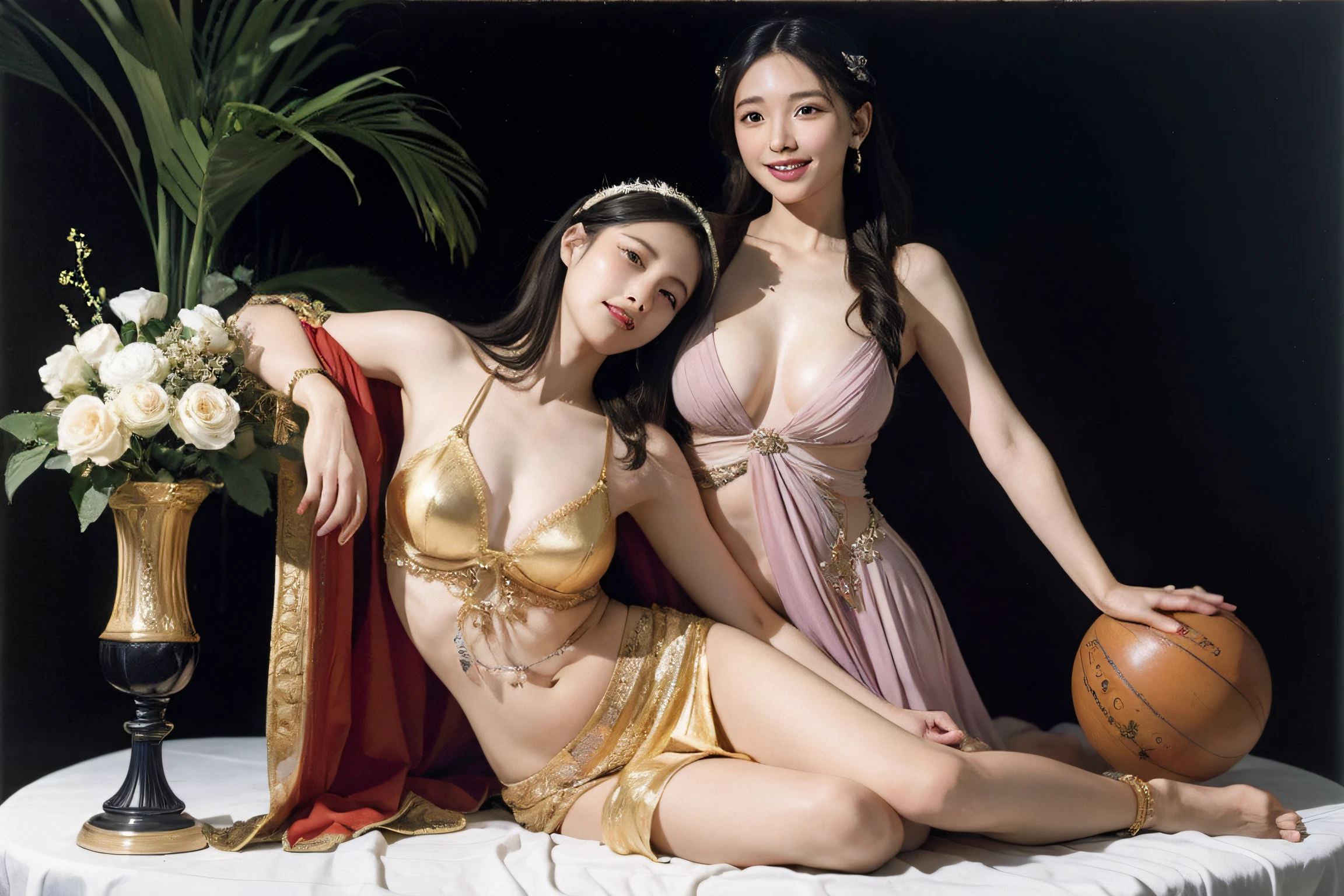 fruits,Grapes,Rosa,antique,A smile,,Sweet and seductive appearance.、Caravaggio's paintings、Chiaroscuro of Caravaggio,Two women frolicking,Cute smile, Expression of ecstasy,Geometry,stain glass,12 zodiac signs,Vigée Leblanc style,Math、Astronomical utensils,astronault,Roses in a vase,fruits,cute little,A smile,Ancient Greek costumes,Paintings by Sandro Botticelli,Costume with stretched shoulders,huge smile,large full breasts,Ecstasy expression,A sexy