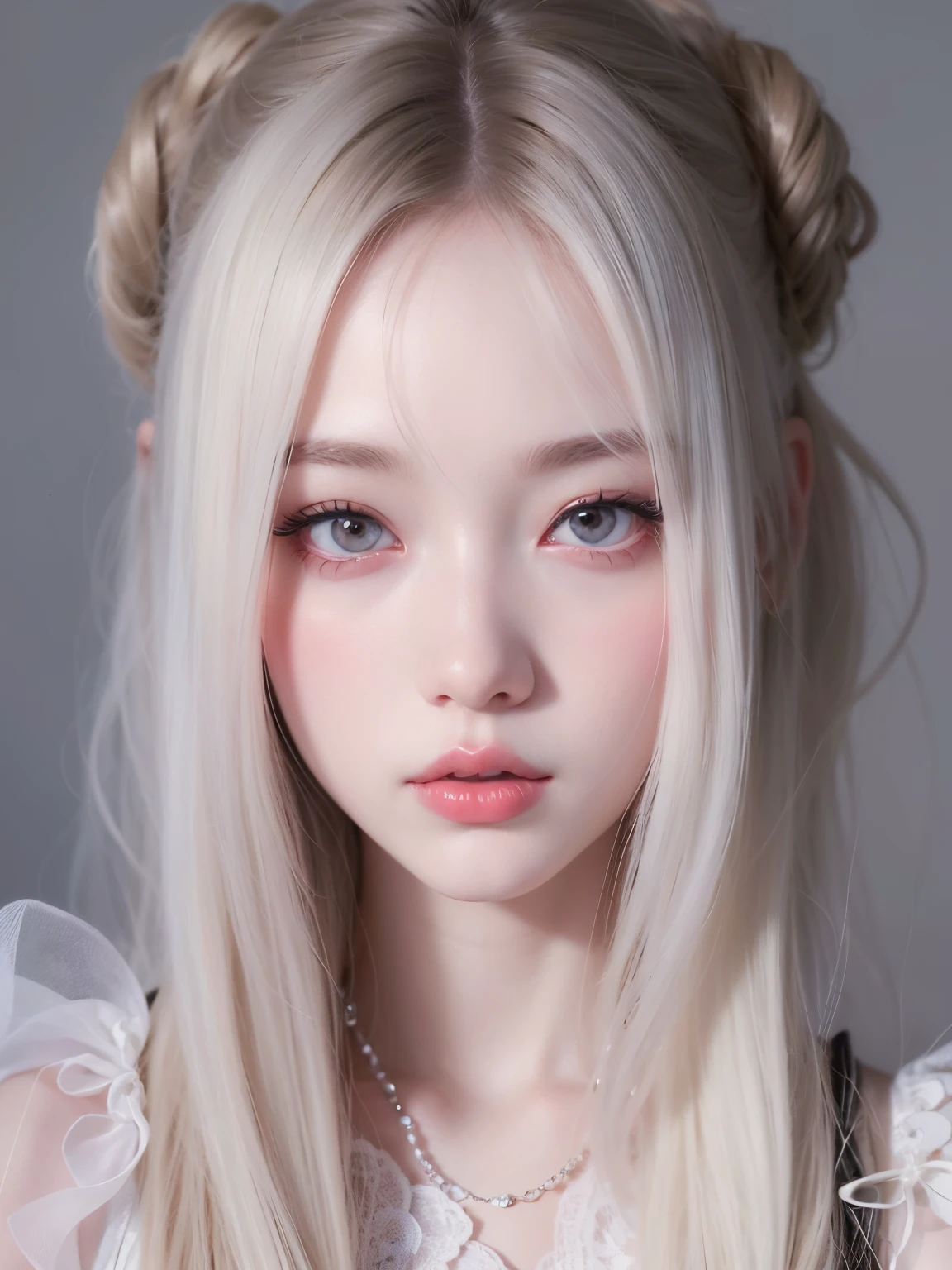 um close de uma garota com longos cabelos loiros e olhos rosa, kawaii retrato realista, Arte no estilo de Guweiz, pale porcelain white skin, Guweiz, retrato impressionante do rosto do anime, anime hiper realista, Modelo IG | Artgerm, beautiful pale makeup, pale milky white porcelain skin, Realistic. Cheng Yi, Obra-prima de Guweiz