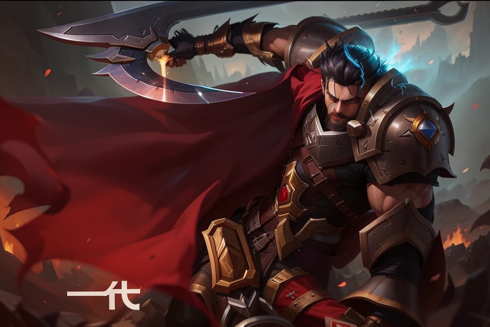 Close-up of Darius, G Liulian art style, author：heroes, inspired by Li Kan, bian lian, by Qu Leilei, League of Legends character, League of Legends character art, League of Legends Flash Painting, league of legends style art, Silas, league of legend，Darius，combats，Crush the enemy，There is blood on the ax，A wisp of white hair，