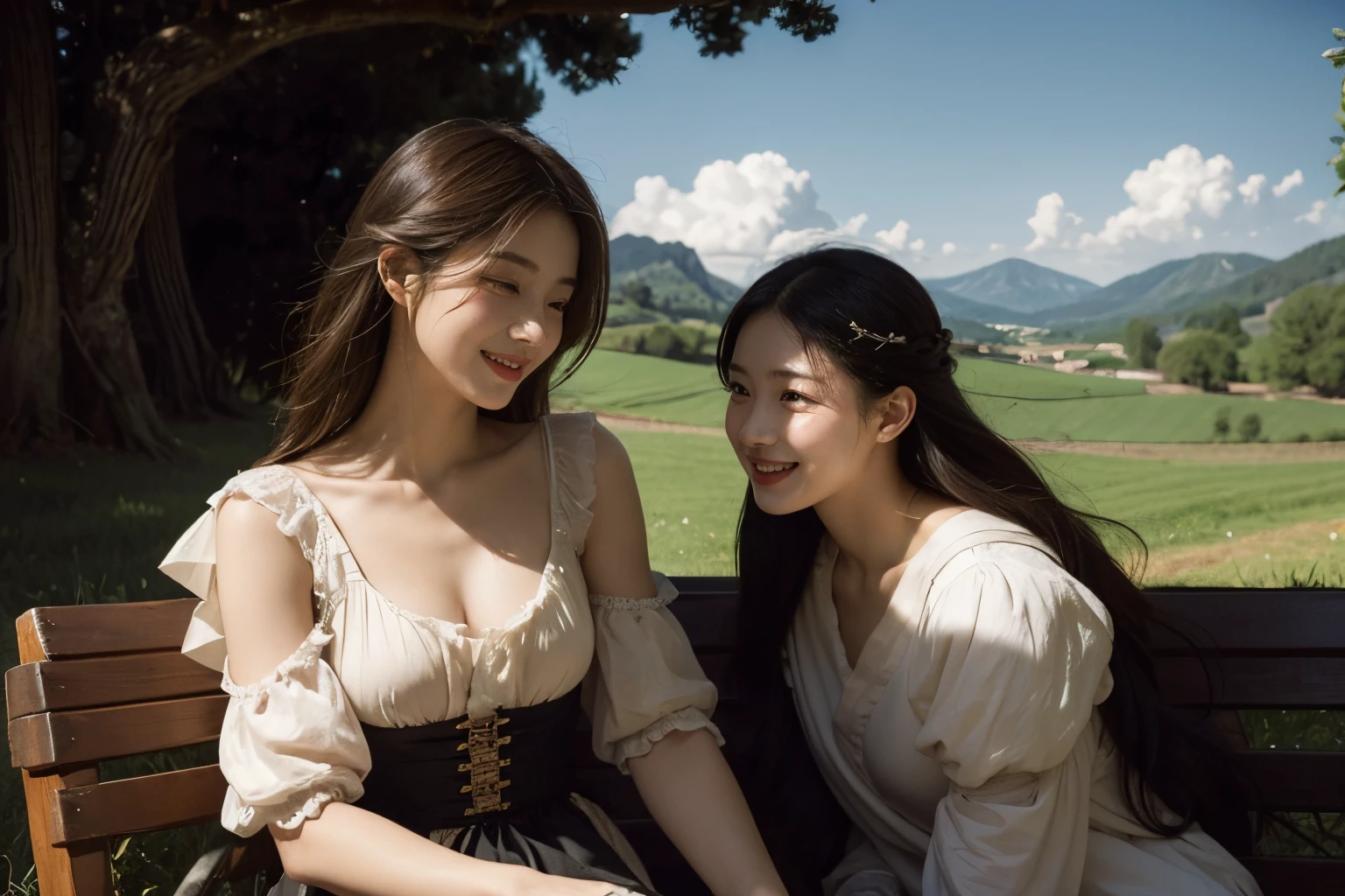 Poussin-style landscape,A smile,,Sweet and seductive appearance.、Caravaggio's paintings、Chiaroscuro of Caravaggio、Hair disheveled in the wind,Two women frolicking,Cute smile, Expression of ecstasy