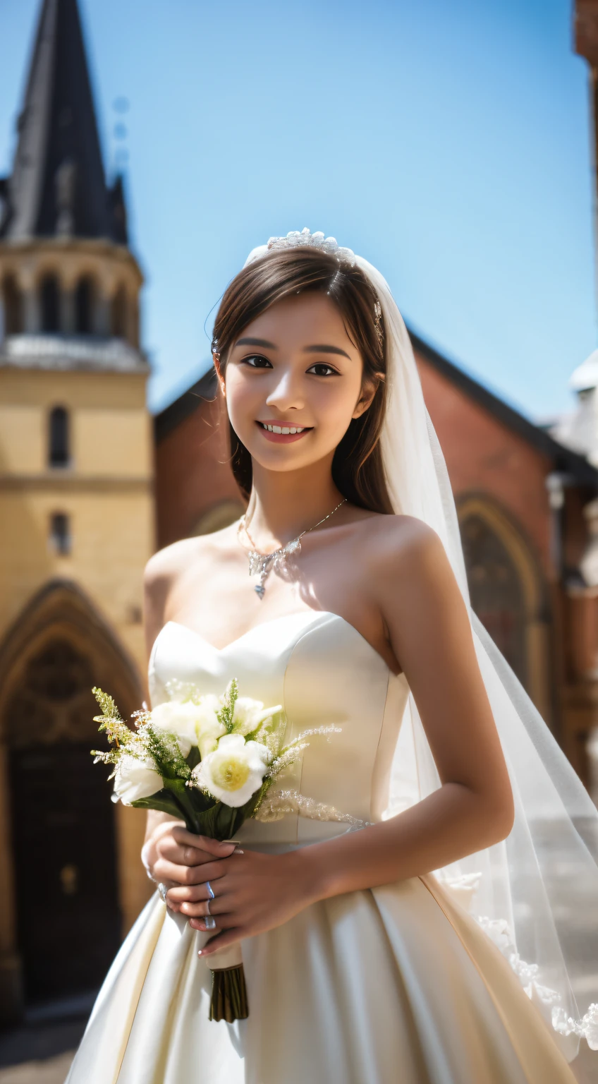 Best Quality, masutepiece, hight resolution,18 year old in a wedding dress, 1girl in,Extremely beautiful face,(Ultra-high definition image of an extremely beautiful face)(,silk white wedding dresses,)Hair Ornament,, gemstone is diamond,Photorealistic, Detailed image with church in the background,fullbody image,(High detailed skin:1.2),Smiling and looking at the camera,Full body image 8K UHD, Digital SLR, in the soft and bright sunlight,High quality, Volumetric lighting, Candid, photograph, hight resolution,fullbody image,4K