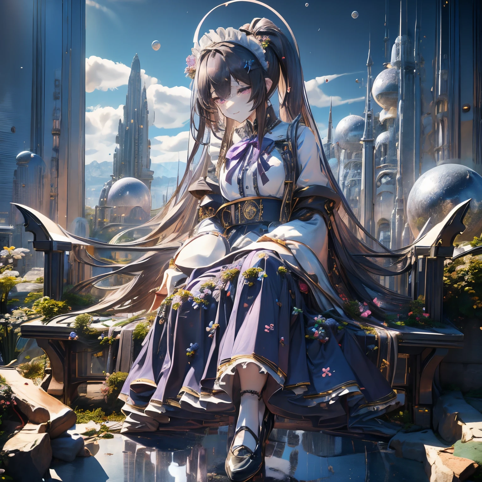 Female in her 30s、A dark-haired、poneyTail、White headdress、Maid uniform with navy blue skirt、purple ribbon on chest、The socks are white with a purple floral pattern、cute black shoes、Happy look、Saluting、In the background there is a bulletin board in the city、The weather is sunny