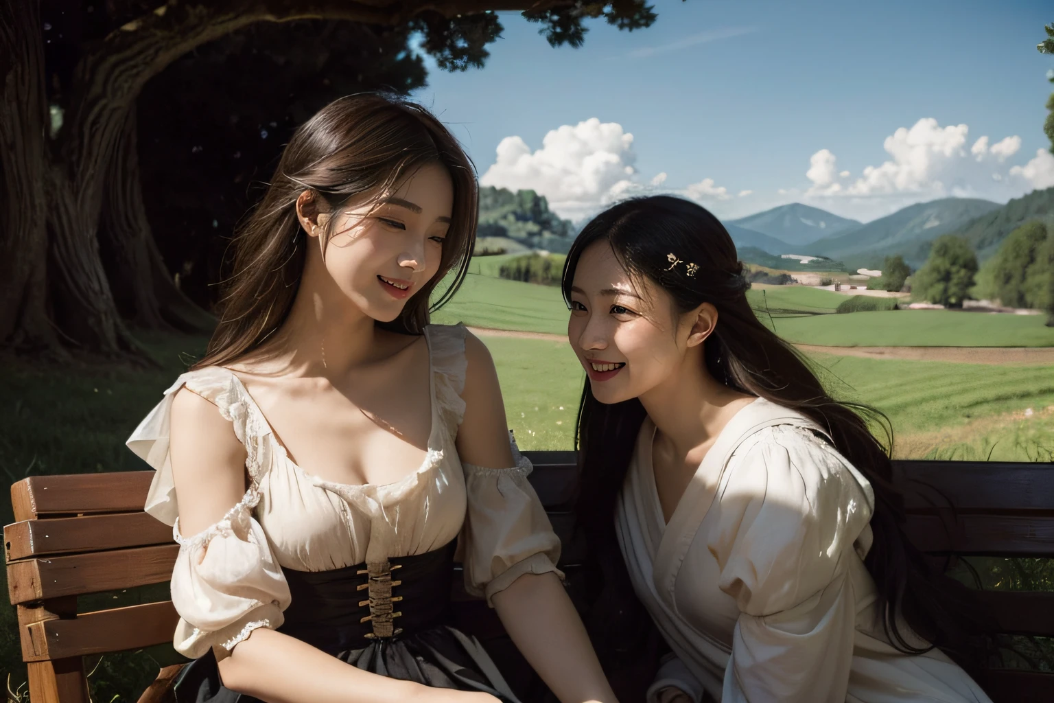 Poussin-style landscape,A smile,,Sweet and seductive appearance.、Caravaggio's paintings、Chiaroscuro of Caravaggio、Hair disheveled in the wind,Two women frolicking,Cute smile, Expression of ecstasy