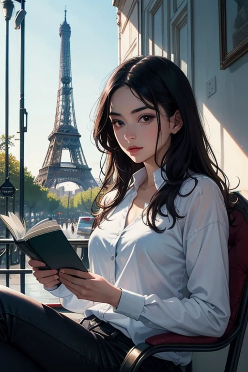 ((best quality)), ((masterpiece)), (detailed), perfect face. A beautiful young woman with long black hair and black eyes siting on a chair and reading a book in paris near Eiffel Tower.