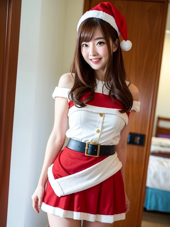 An ultra-high picture quality、((Only one girl appears in the photo、Looking at the camera、Santa costume in red and white、A classmate came to my house on Christmas day.))、(Very cute 22 year old Japanese woman、lovely expression、Laugh a lot、Very good style、Light makeup、gloss々Hair、single slit eyes、brown hair shoulder length)、Very fun、Exposed skin、a miniskirt、I looked inside her skirt from below.、