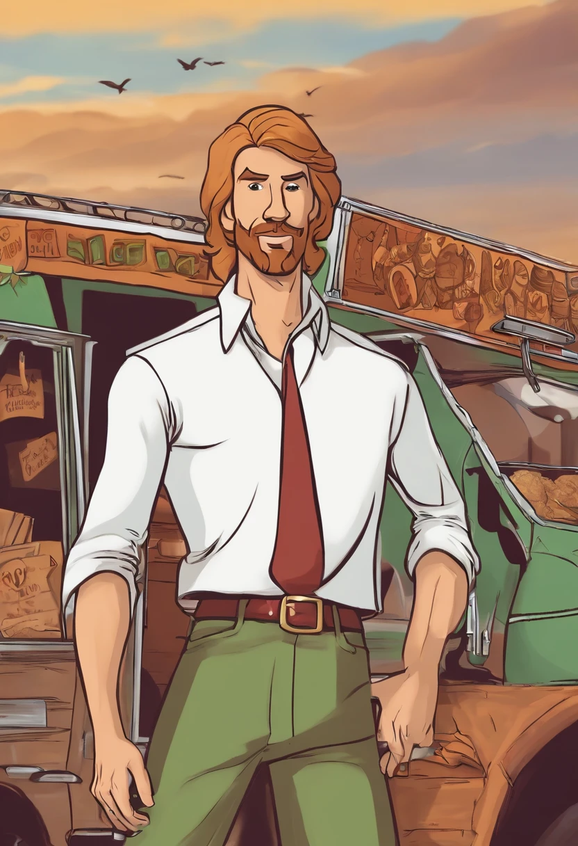 A photo of Shaggy and Scooby-Doo at a late-night vegetarian taco truck,Scooby-Doo, Where Are You!,He is a young man with a rough, patchy goatee. His signature attire consists of a baggy green V-neck T-shirt, loose maroon or brown bell-bottom pants, and black shoes.
He is tall and thin with dirty blonde hair. He is not muscular. , male